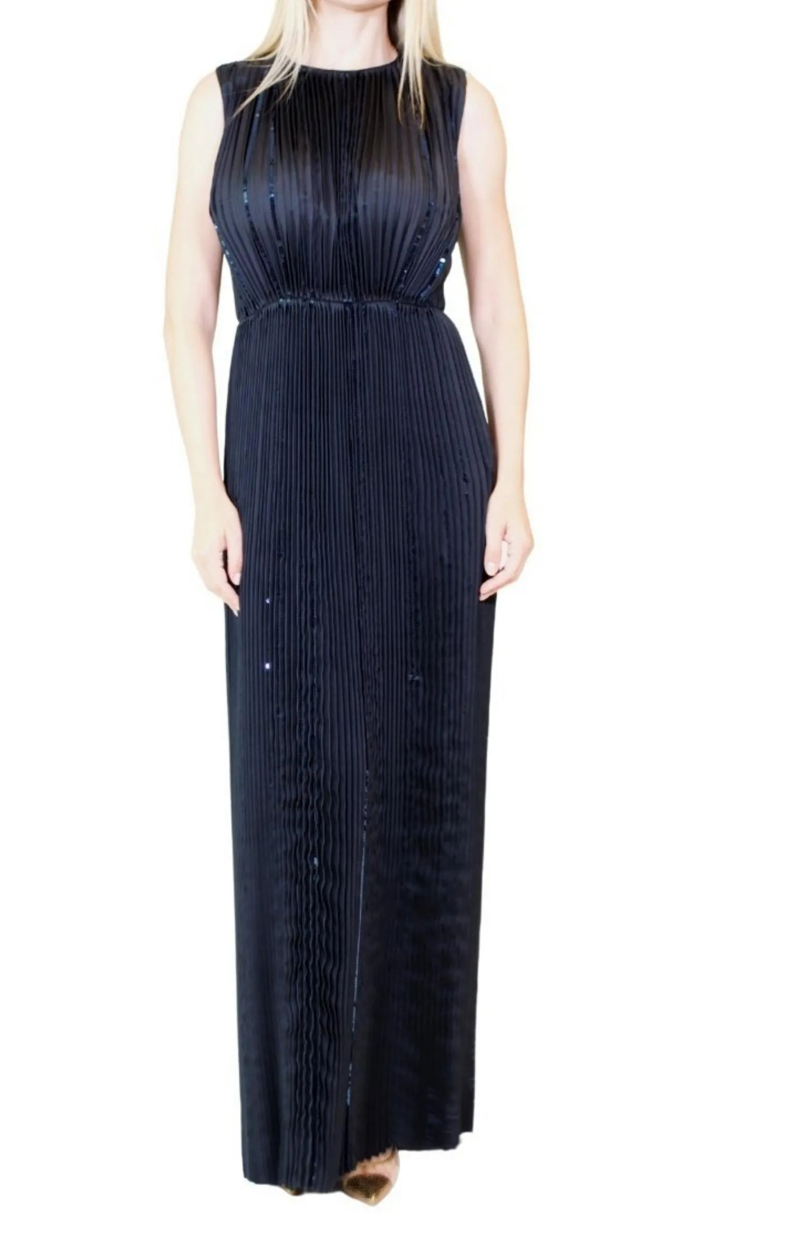 Black Pleated Sequin Embellished Maxi Silk Gown sold by Runaway Catalog