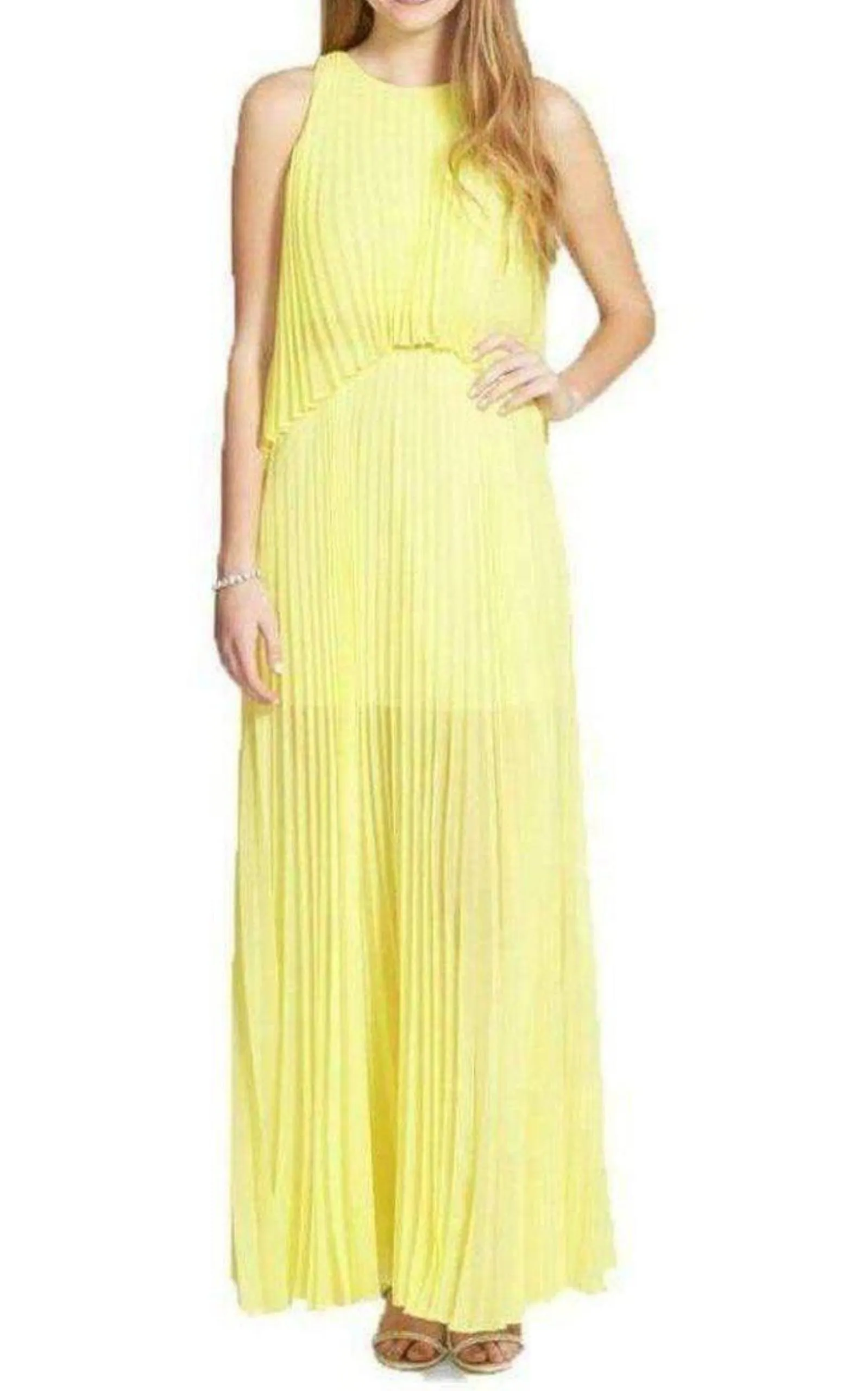 Yellow Jenine Neon High Split Pleated Skirt Maxi Dress sold by Runaway Catalog