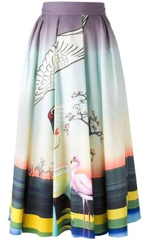 Flamingo Print Cotton Skirt made by MARY KATRANTZOU