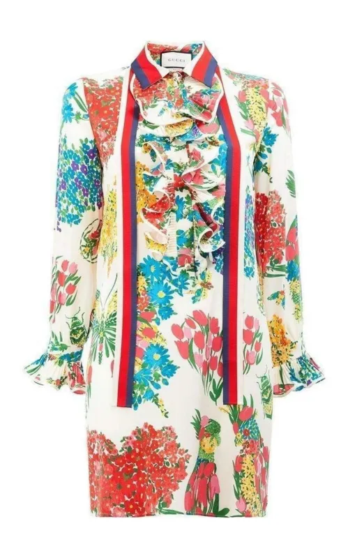 Floral Print Ruffle Trim Shirt Dress sold by Runaway Catalog