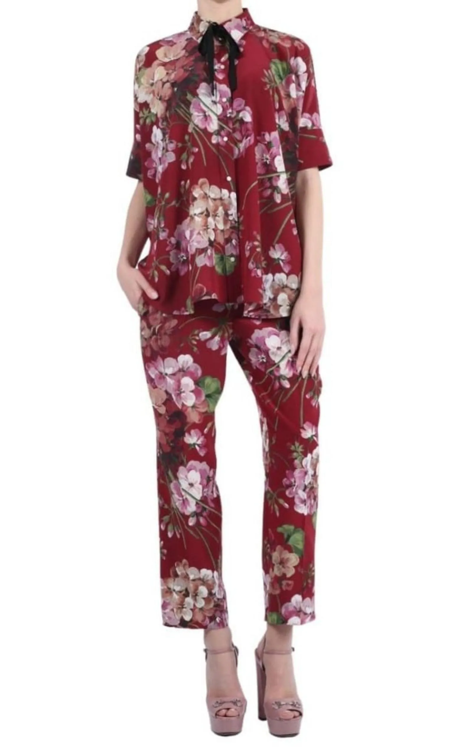 Blooms Print Silk Pyjama Pants in Burgundy sold by Runaway Catalog product image thumbnail 2