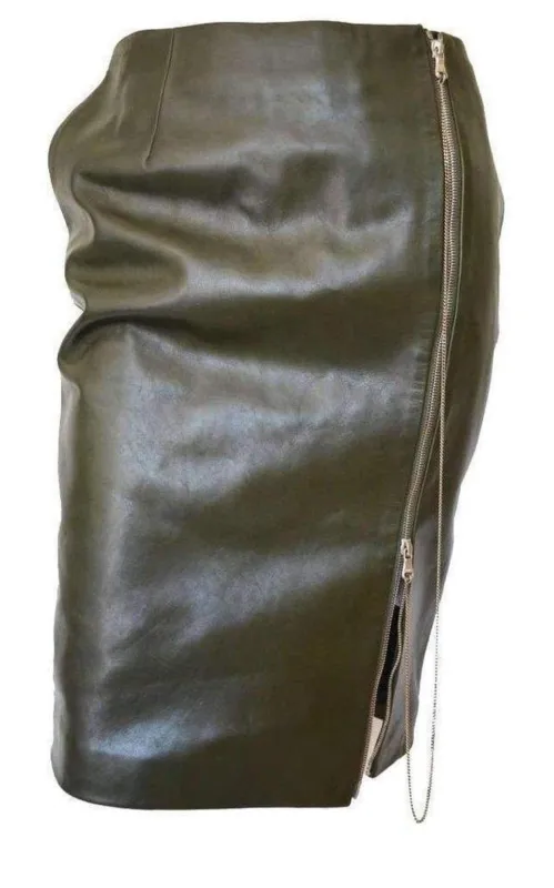 Dark Olive Green Front Zipper Leather Skirt sold by Runaway Catalog