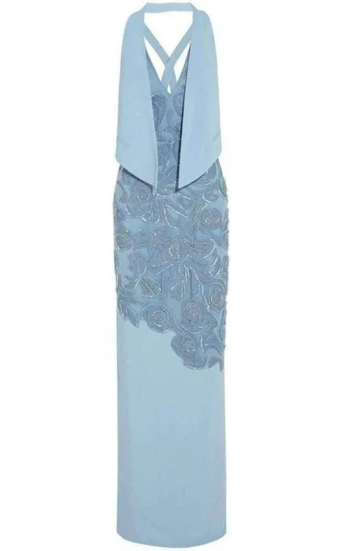 Blue Leather Cutout Lace Embellished Gown made by Versace