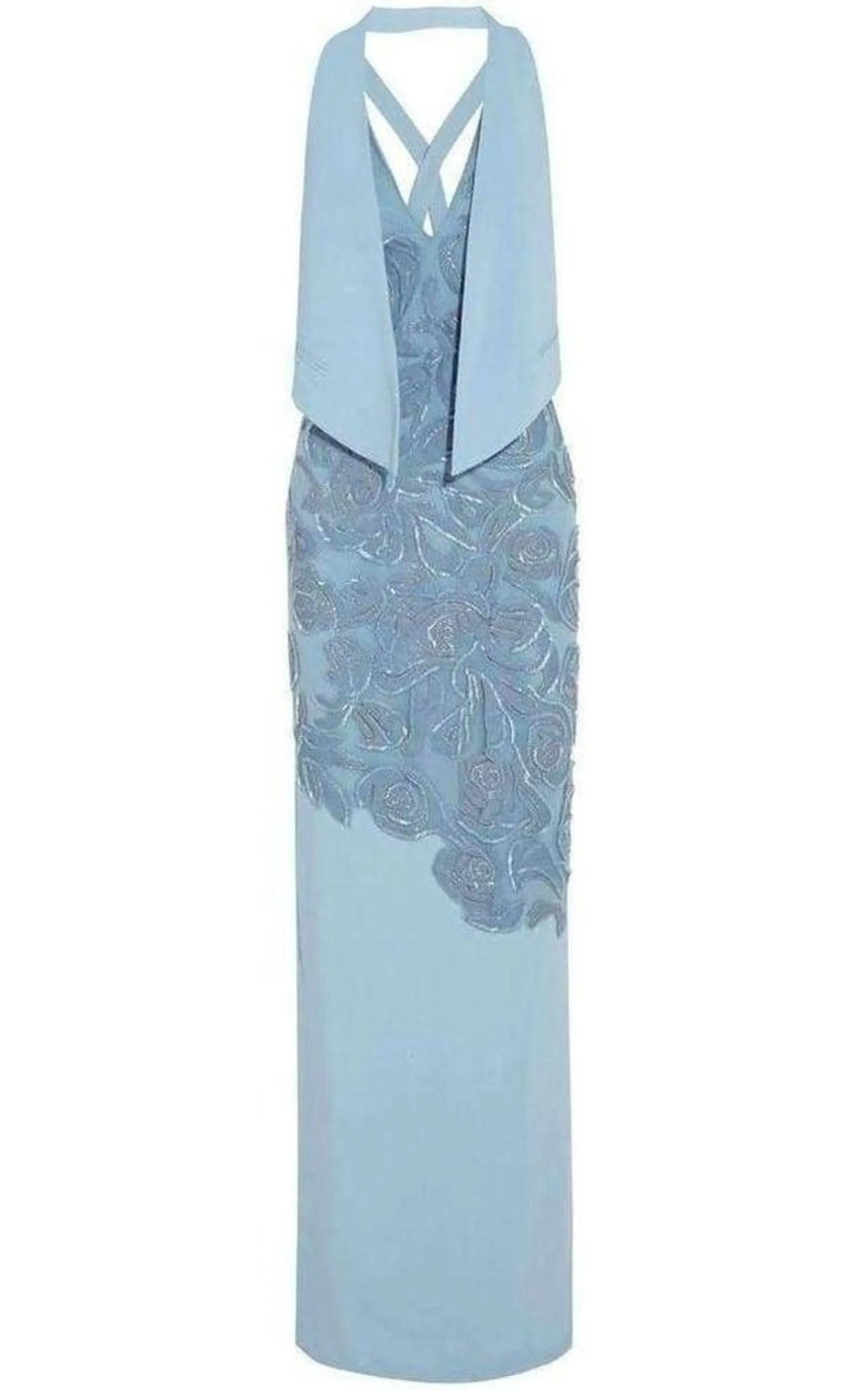 Blue Leather Cutout Lace Embellished Gown sold by Runaway Catalog