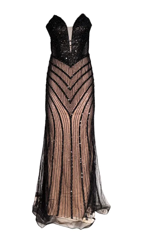 Black Strapless Beaded Fitted Dress Corset Bodice Maxi Formal Gown Dress sold by Runaway Catalog