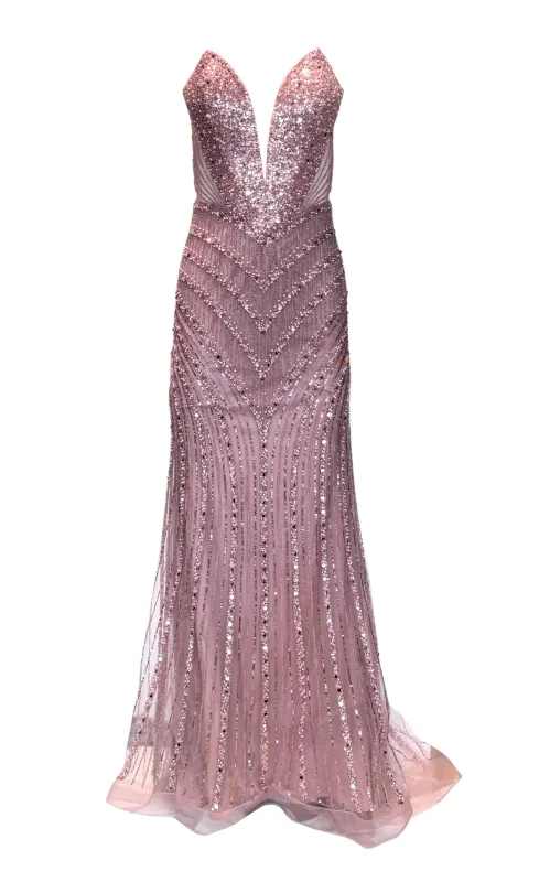Formal Pink Dress V Plunge Neckline Strapless Beaded Fitted Dress sold by Runaway Catalog