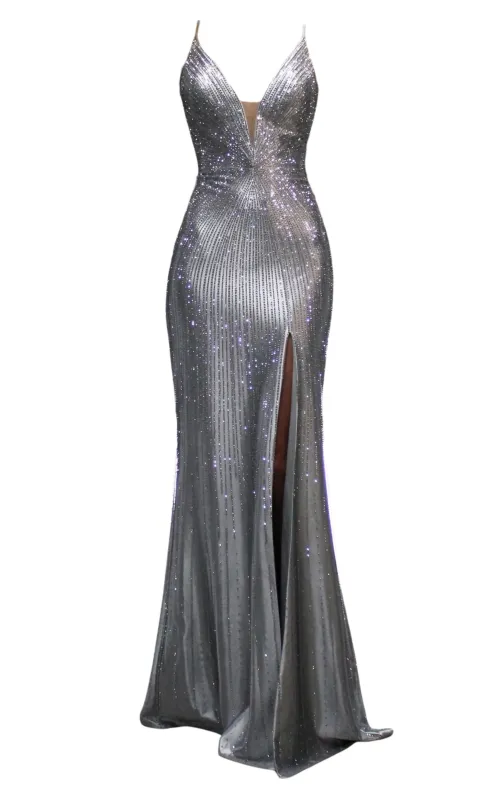 Silver Formal Dress with Rhinestone V Plunge Neckline Fitted Mermaid Leg Split made by Runaway Catalog