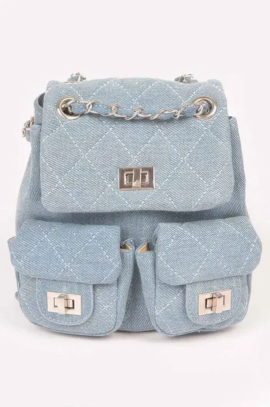 Quilted Denim Double Pocket Front Backpack sold by Unique Kulture