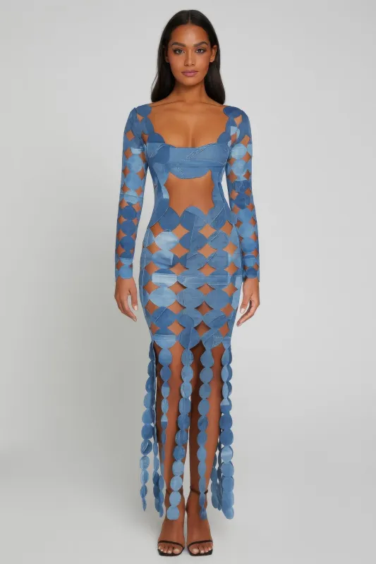 Denim Print Sexy Cut Out Maxi Dress sold by Unique Kulture
