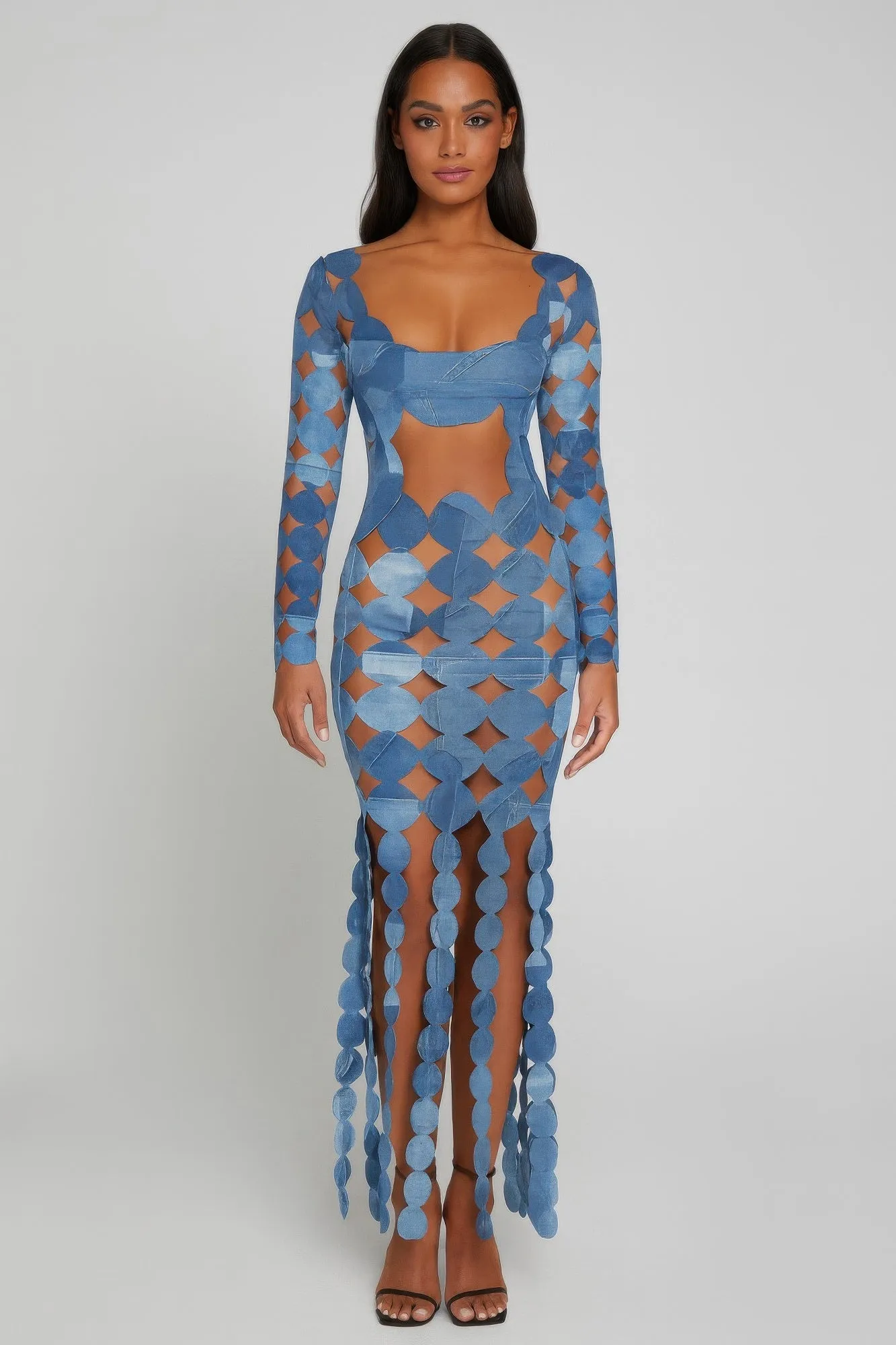 Denim Print Sexy Cut Out Maxi Dress sold by Unique Kulture