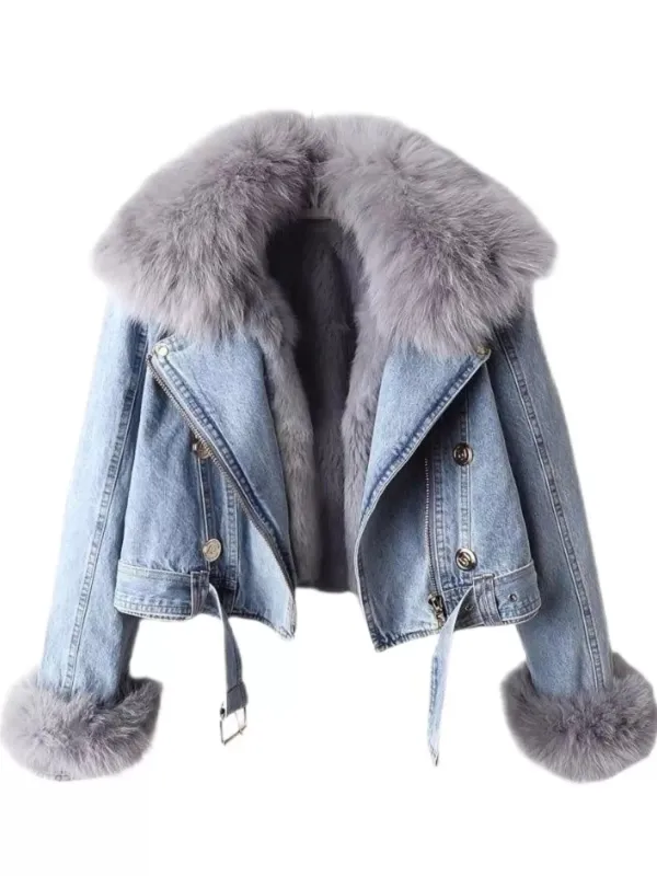 Full Size Faux Fur Collar Denim Jacket Plus Size sold by Unique Kulture