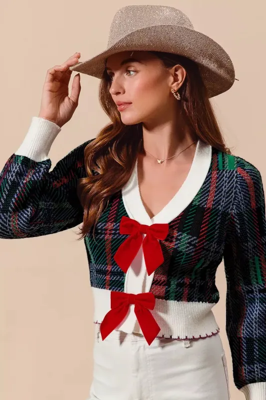SO ME Velvet Bow Ribbon Embellished Christmas Cardigan made by Unique Kulture