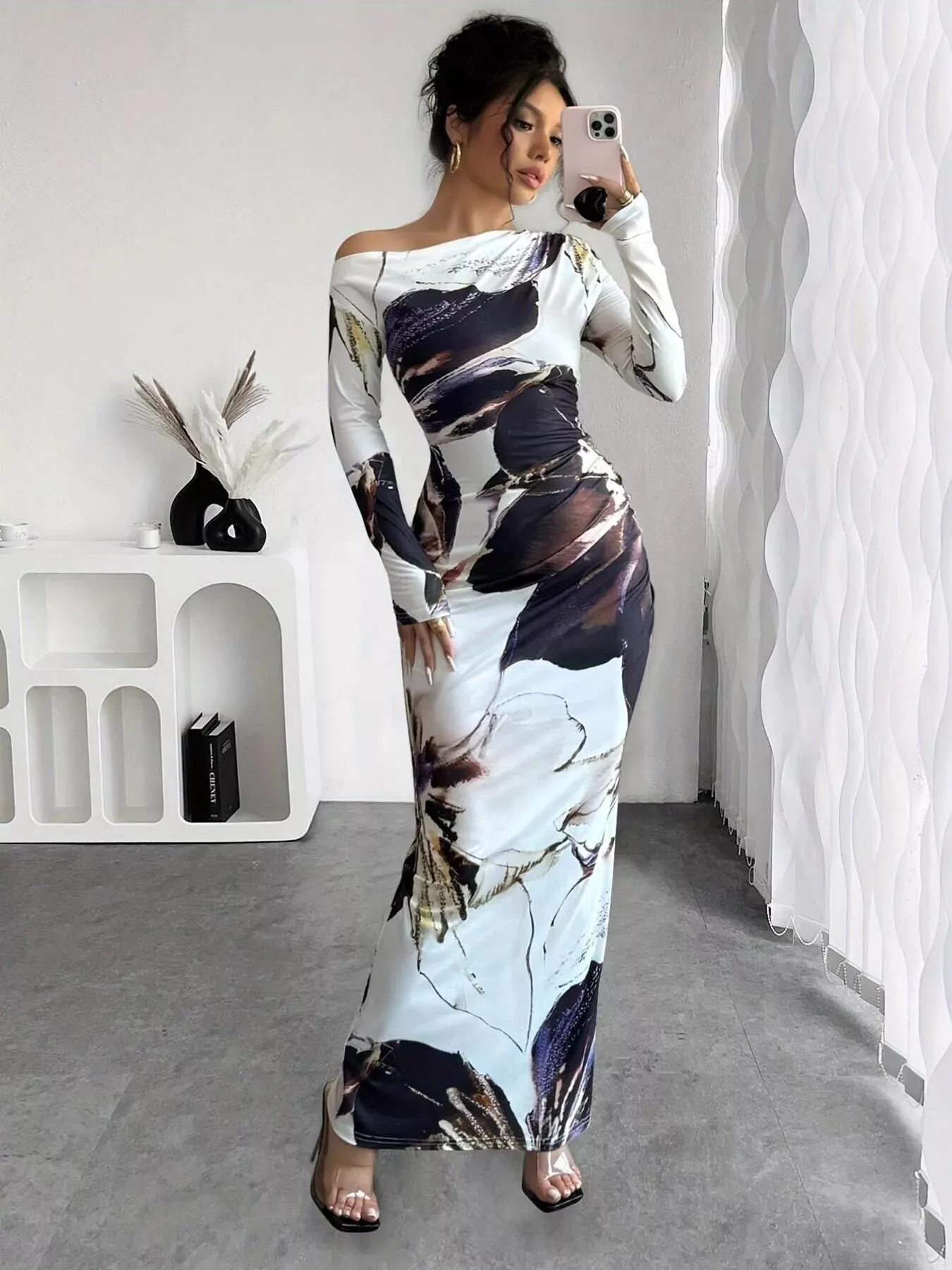 Floral One Shoulder Long Sleeve Maxi Dress sold by Unique Kulture product image thumbnail 3