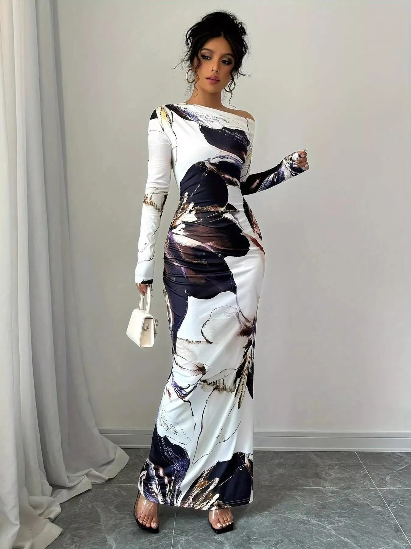 Floral One Shoulder Long Sleeve Maxi Dress sold by Unique Kulture product image thumbnail 4