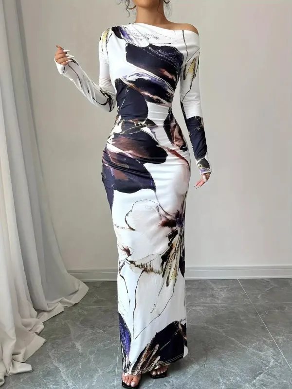 Floral One Shoulder Long Sleeve Maxi Dress made by Trendsi