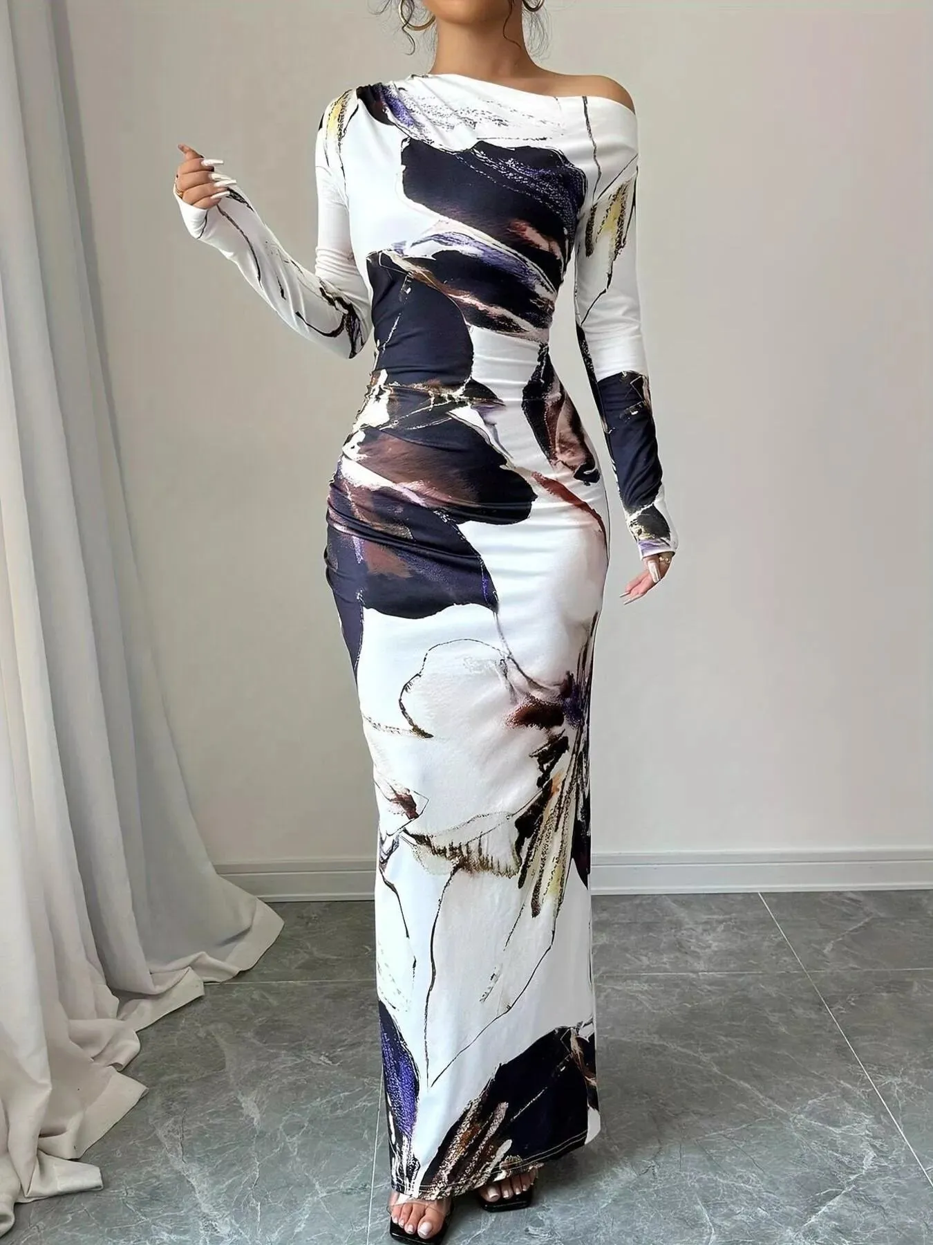 Floral One Shoulder Long Sleeve Maxi Dress sold by Unique Kulture