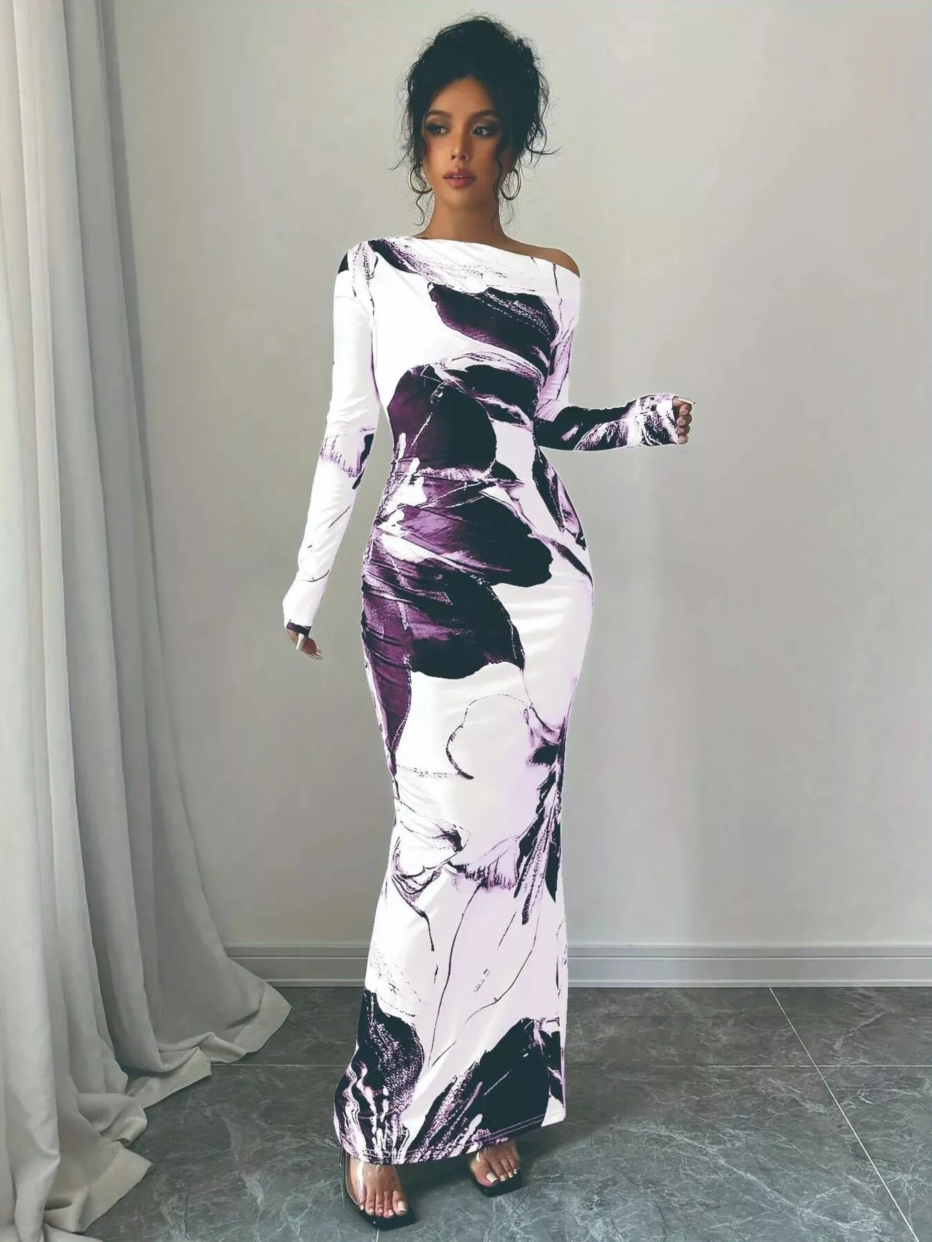 Floral One Shoulder Long Sleeve Maxi Dress sold by Unique Kulture product image thumbnail 5
