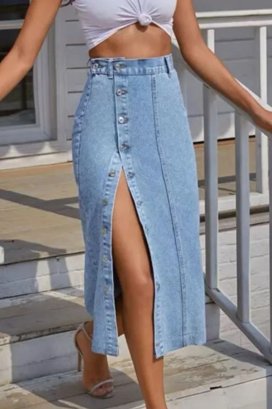 Buttoned Split Denim Skirt sold by Unique Kulture