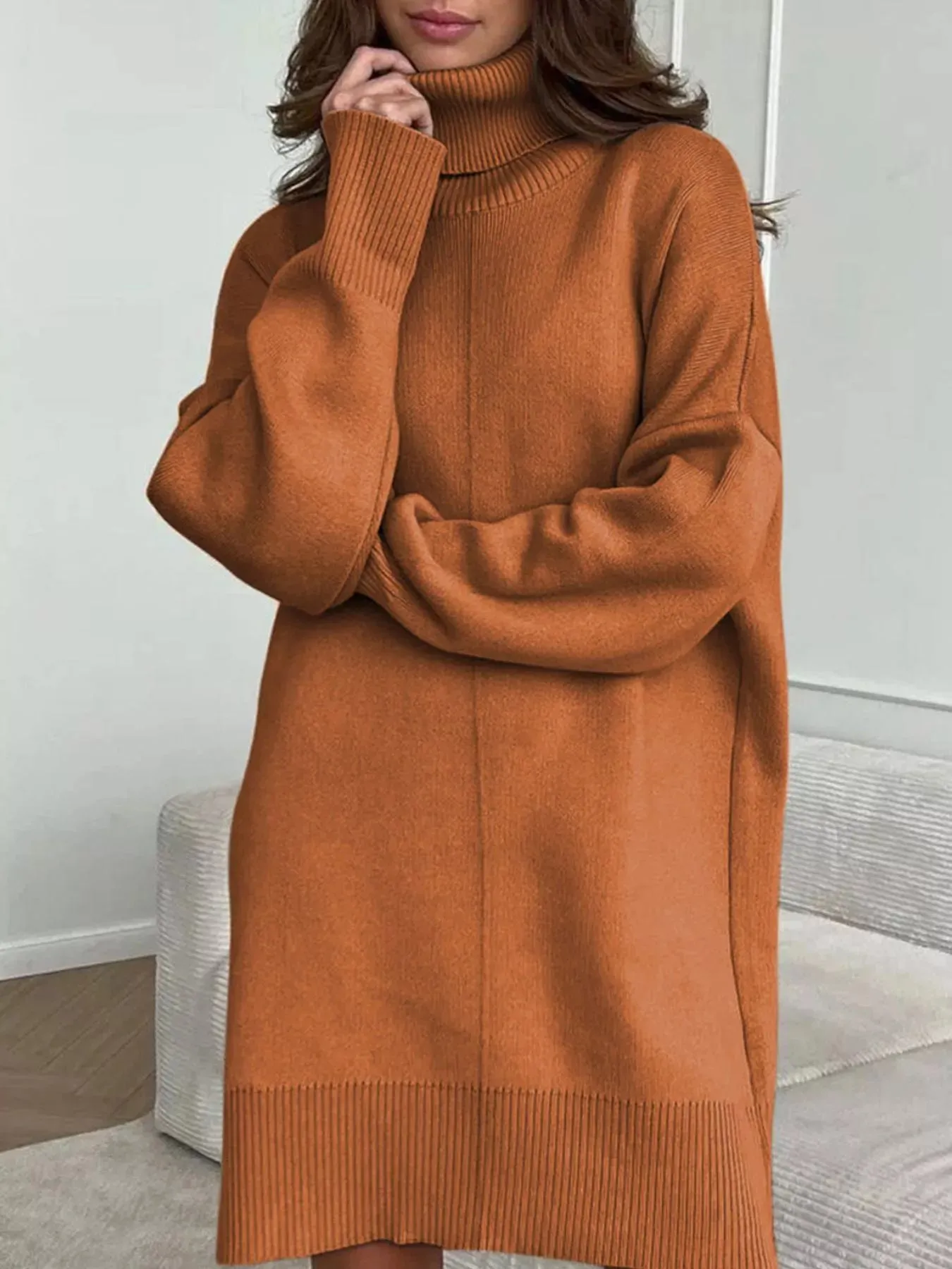 Solid Color Turtleneck Drop Shoulder Loose Sweater Dress sold by Unique Kulture product image thumbnail 2