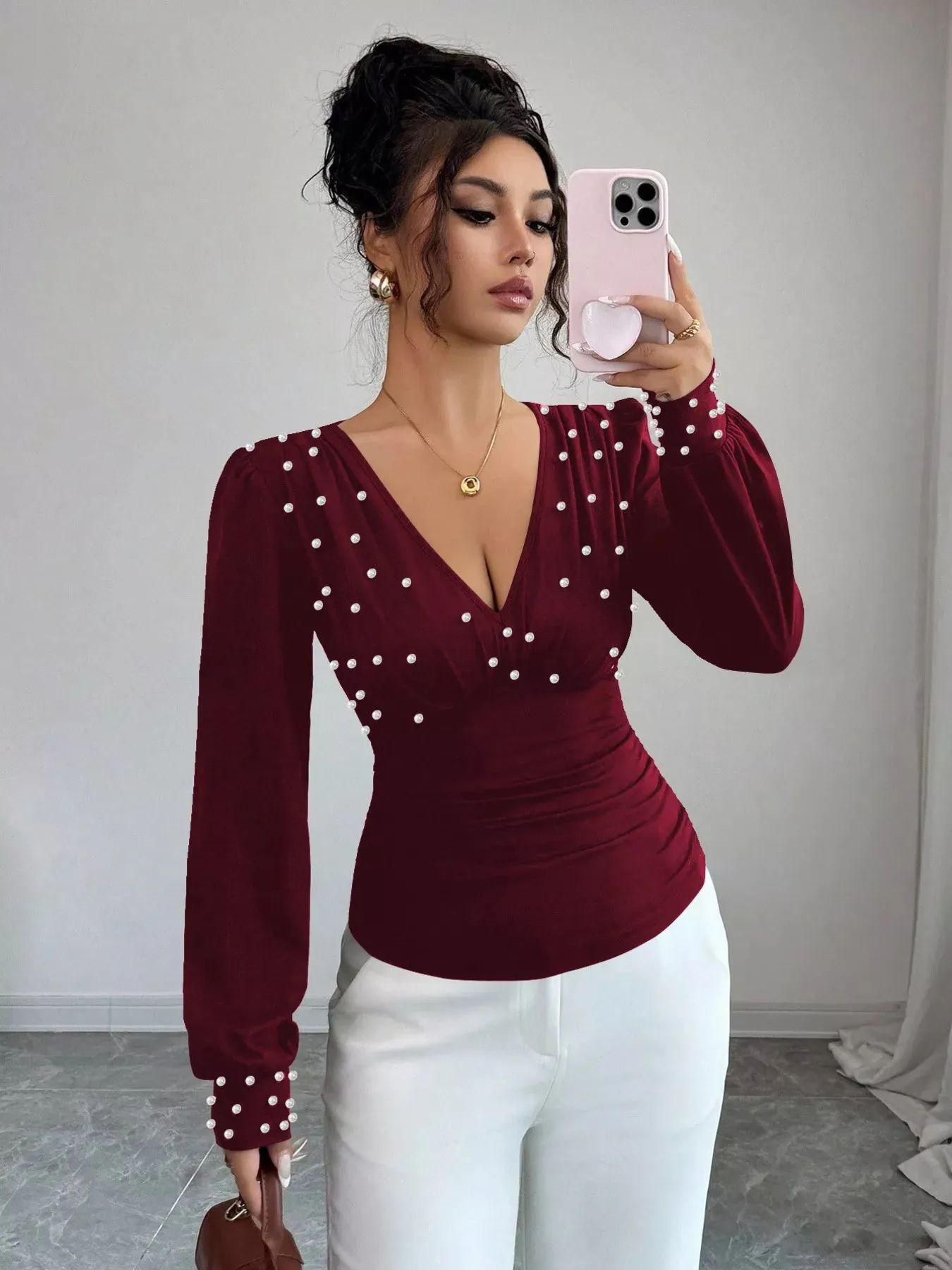 Pearl Embellished V-Neck Blouse sold by Unique Kulture product image thumbnail 3