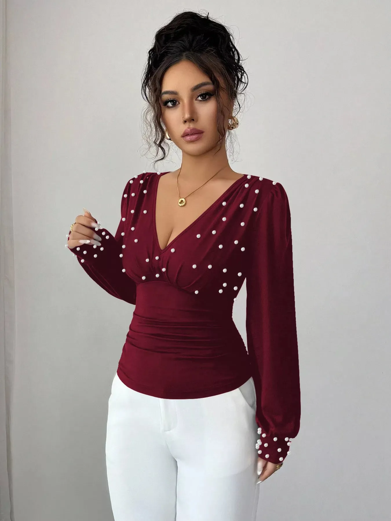 Pearl Embellished V-Neck Blouse sold by Unique Kulture product image thumbnail 4