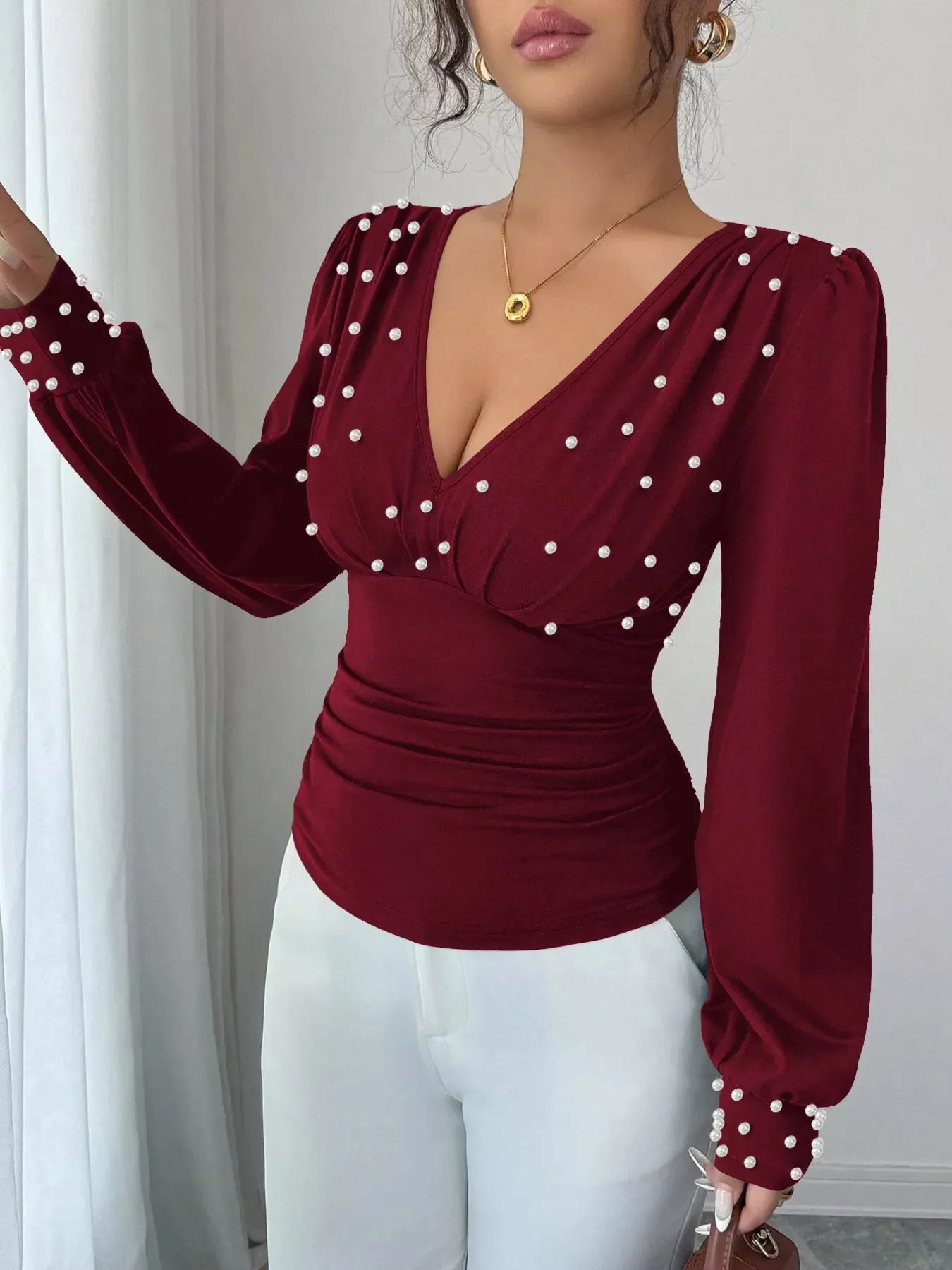 Pearl Embellished V-Neck Blouse sold by Unique Kulture