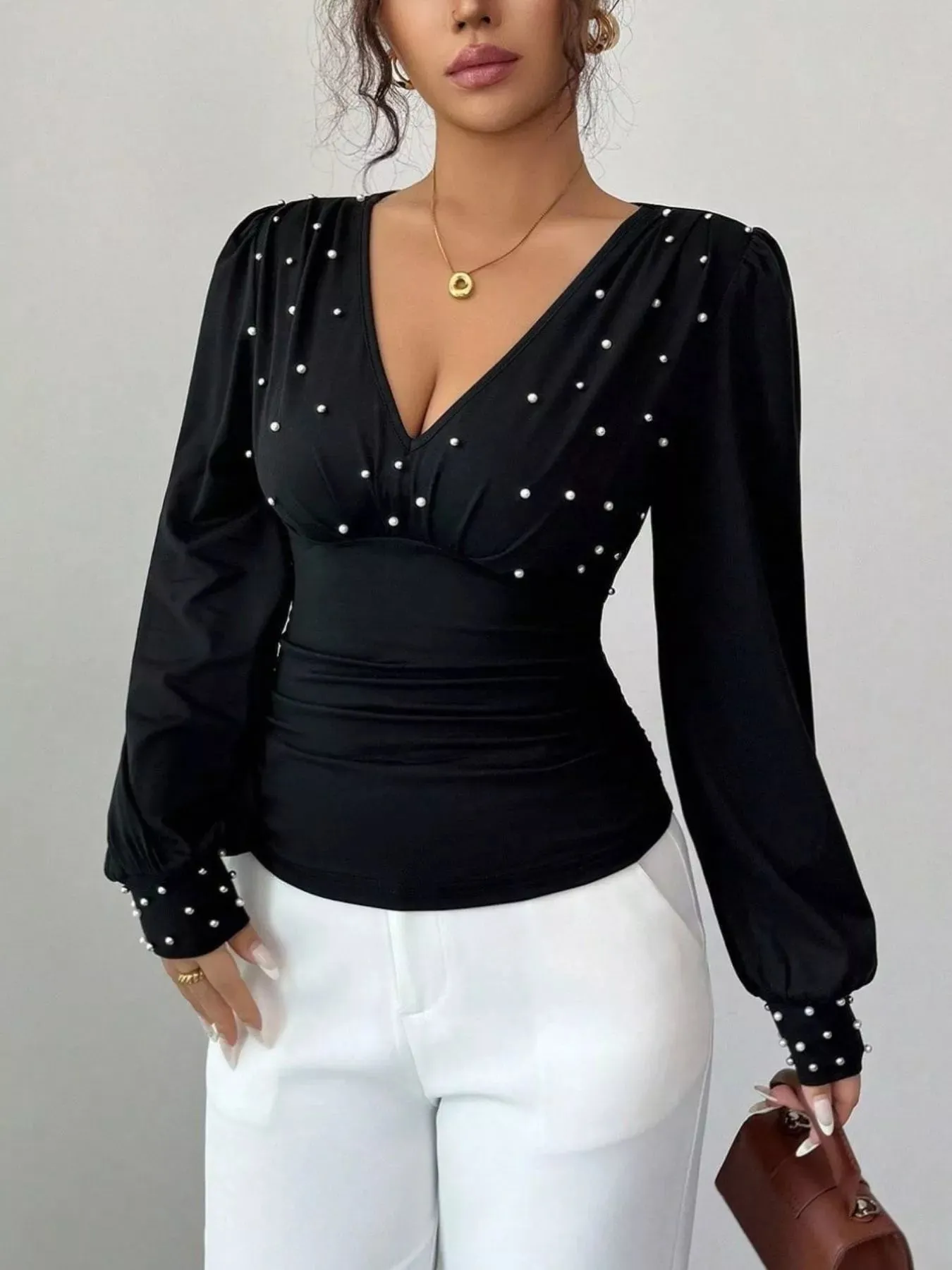 Pearl Embellished V-Neck Blouse sold by Unique Kulture product image thumbnail 5