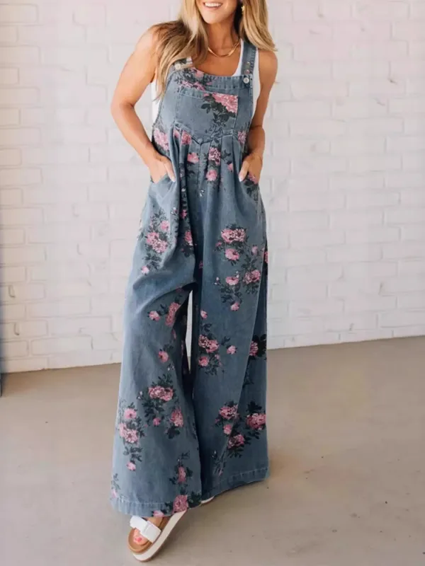 Floral Print Wide Leg Denim Overalls sold by Unique Kulture
