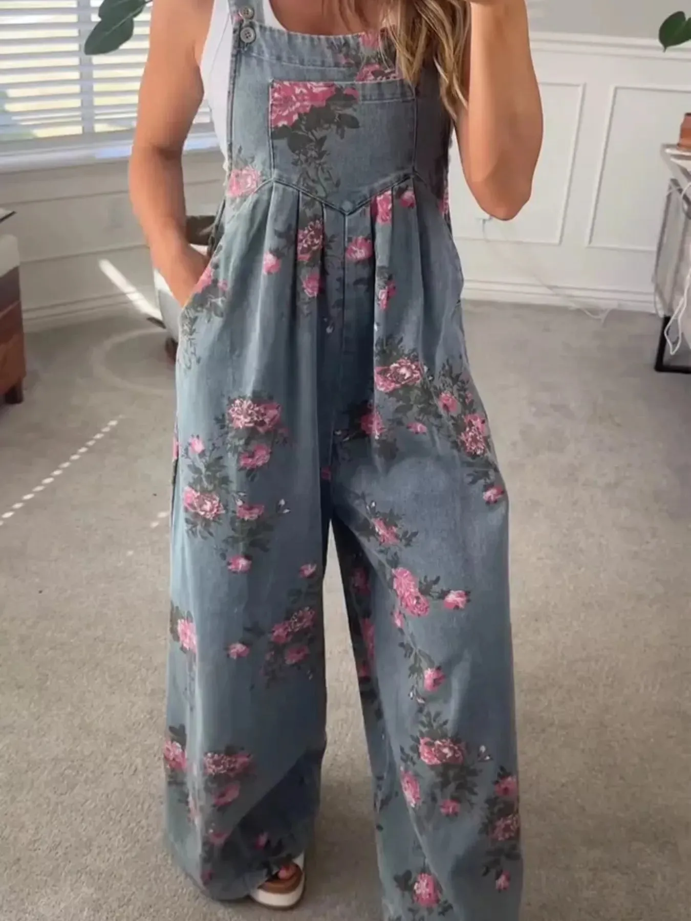 Floral Print Wide Leg Denim Overalls sold by Unique Kulture product image thumbnail 2