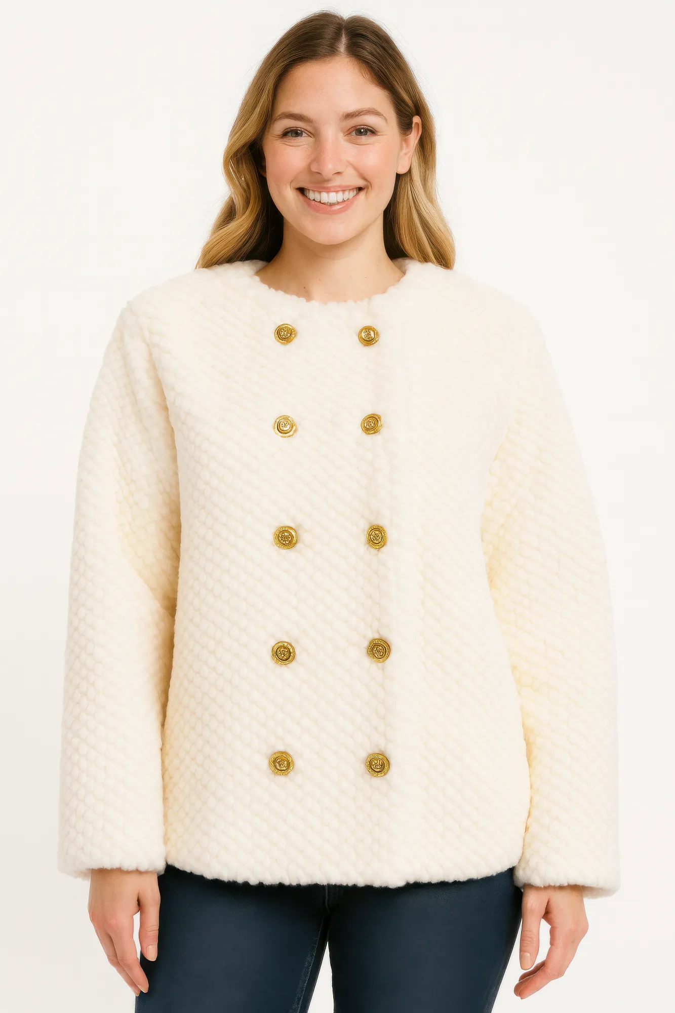 Textured Double-breasted Faux Shearling Jacket sold by Unique Kulture