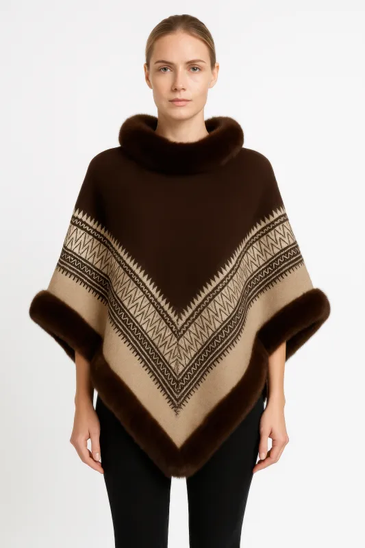 Chevron Trim Poncho With Faux Fur Collar sold by Unique Kulture