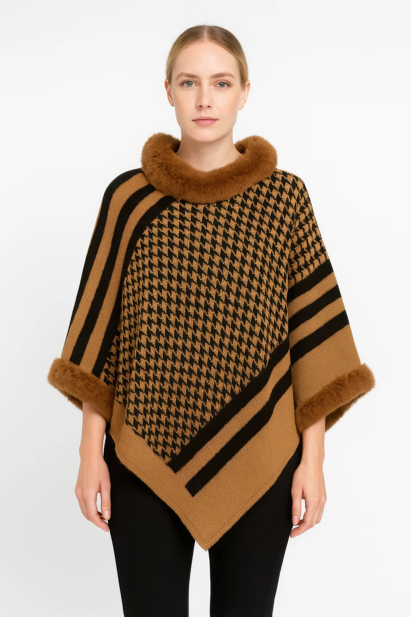 Patterned Knit Poncho With Faux Fur Trim sold by Unique Kulture product image thumbnail 3