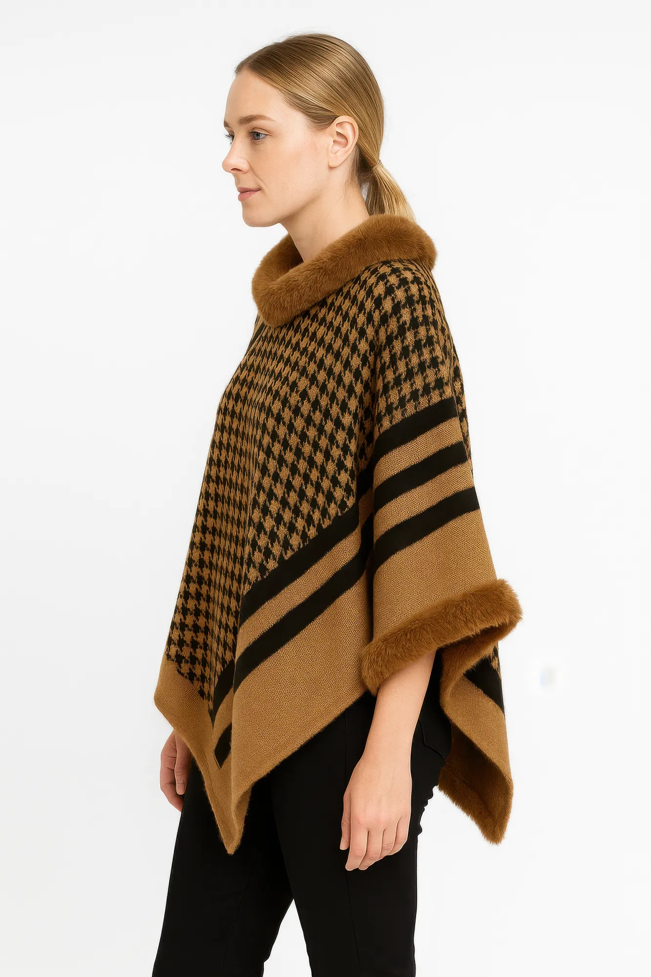 Patterned Knit Poncho With Faux Fur Trim sold by Unique Kulture product image thumbnail 4