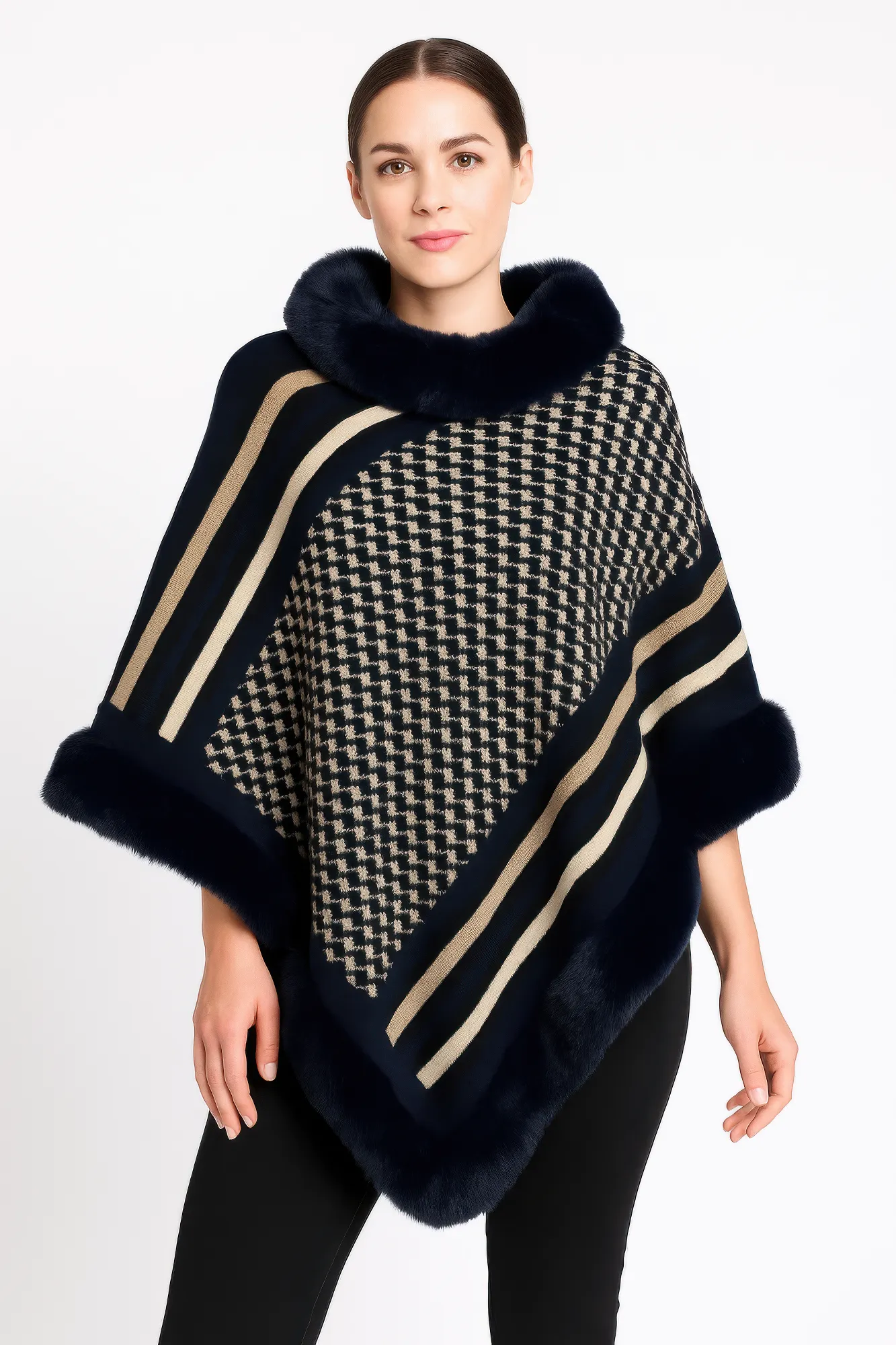 Patterned Knit Poncho With Faux Fur Trim sold by Unique Kulture