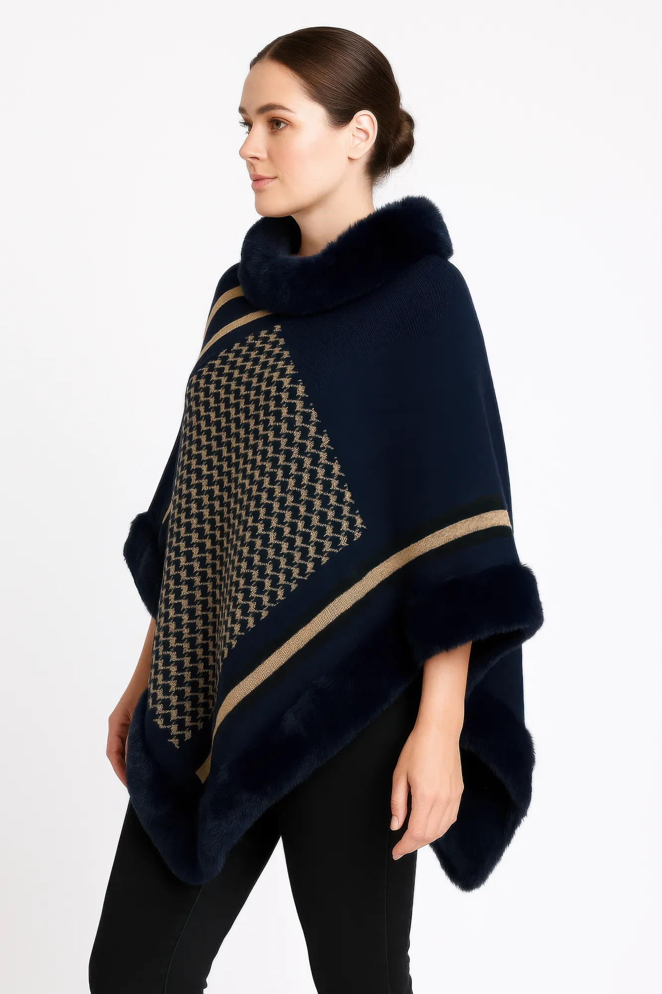 Patterned Knit Poncho With Faux Fur Trim sold by Unique Kulture product image thumbnail 2