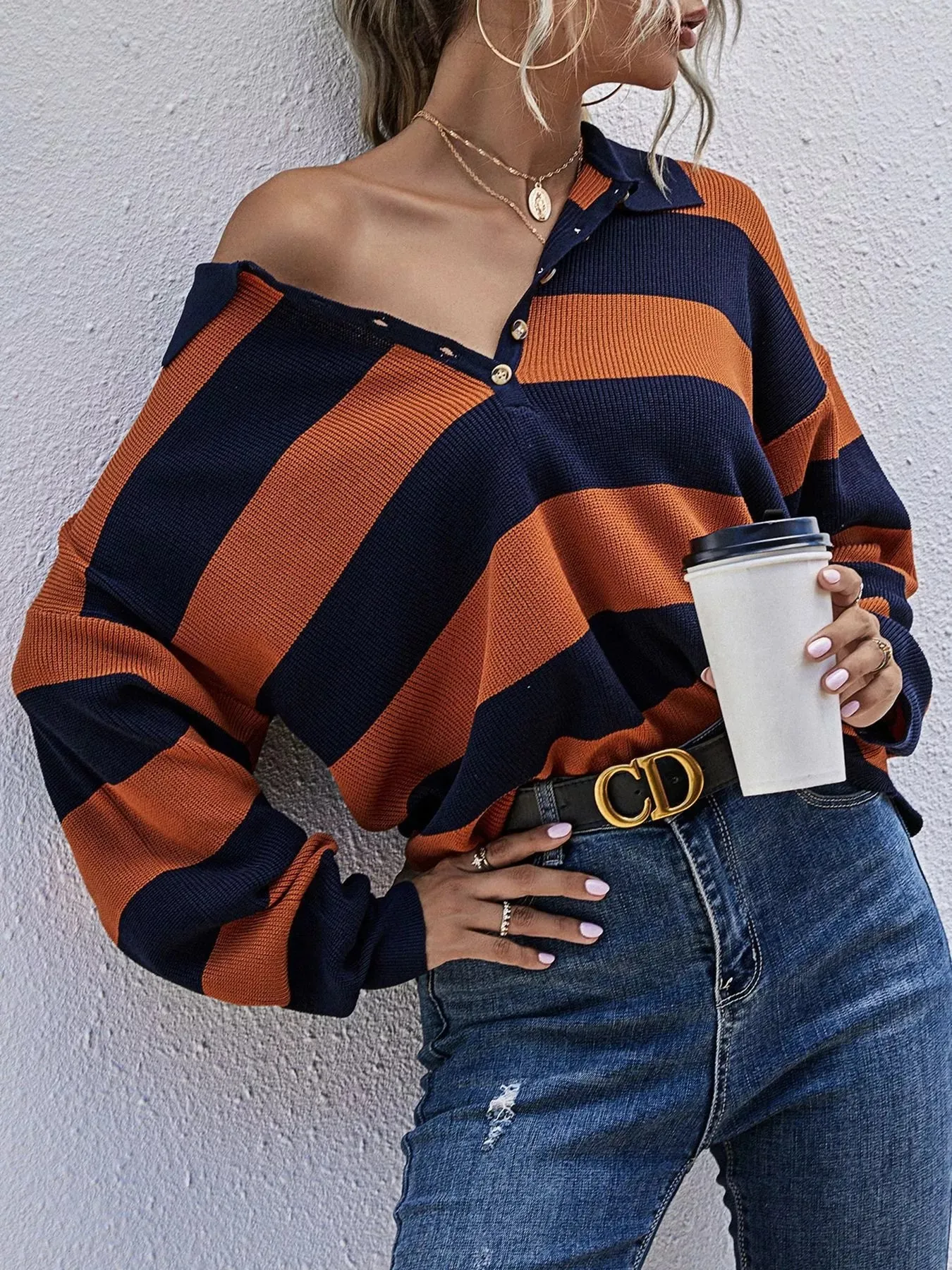 Striped Button Detail Dropped Shoulder Knit Top sold by Unique Kulture product image thumbnail 3