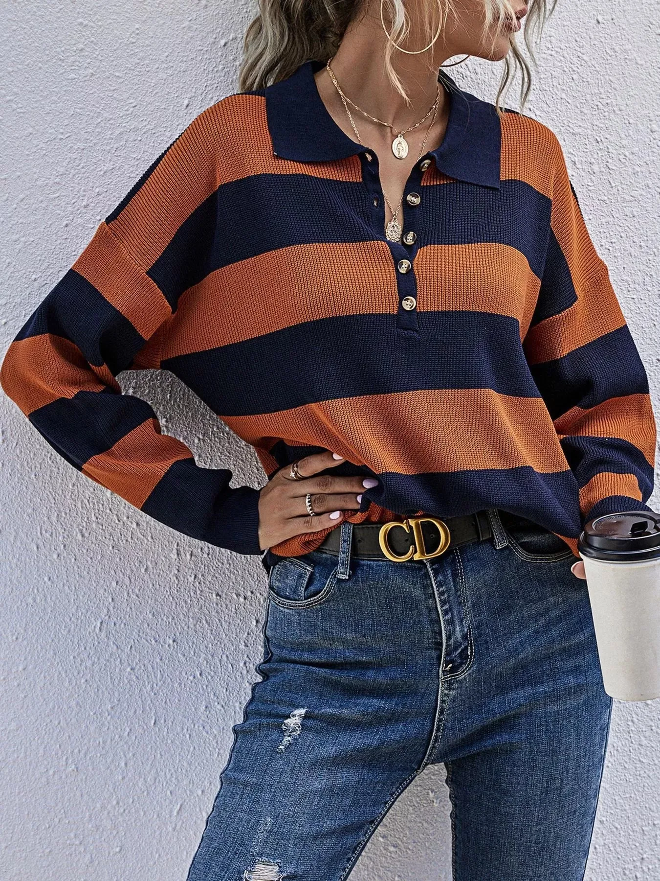 Striped Button Detail Dropped Shoulder Knit Top sold by Unique Kulture product image thumbnail 4