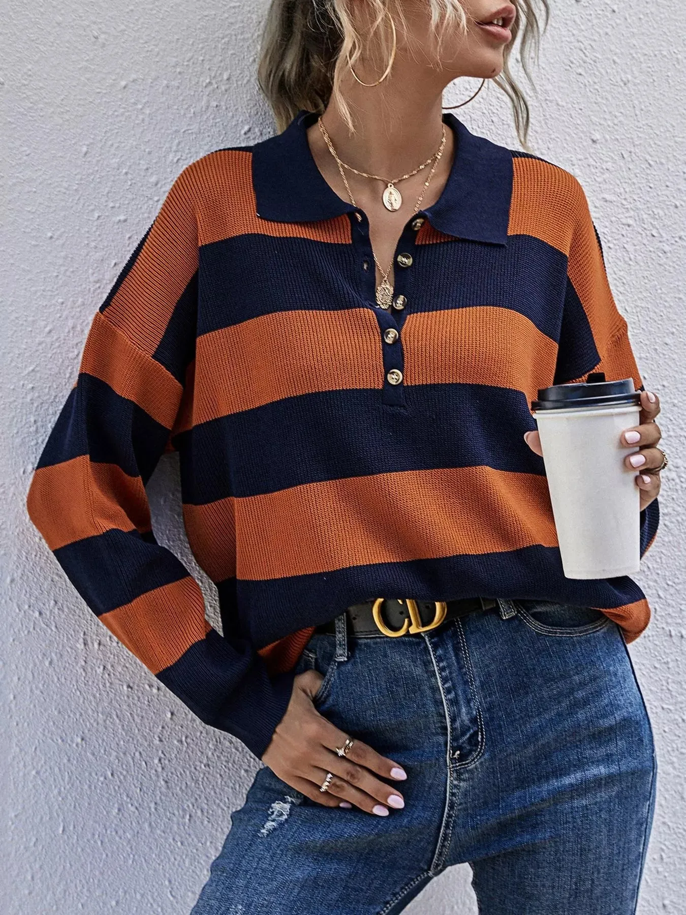 Striped Button Detail Dropped Shoulder Knit Top sold by Unique Kulture