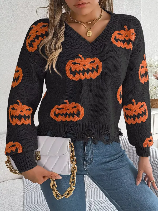 Halloween Pumpkin Pattern Raw Hem V-Neck Sweater sold by Unique Kulture