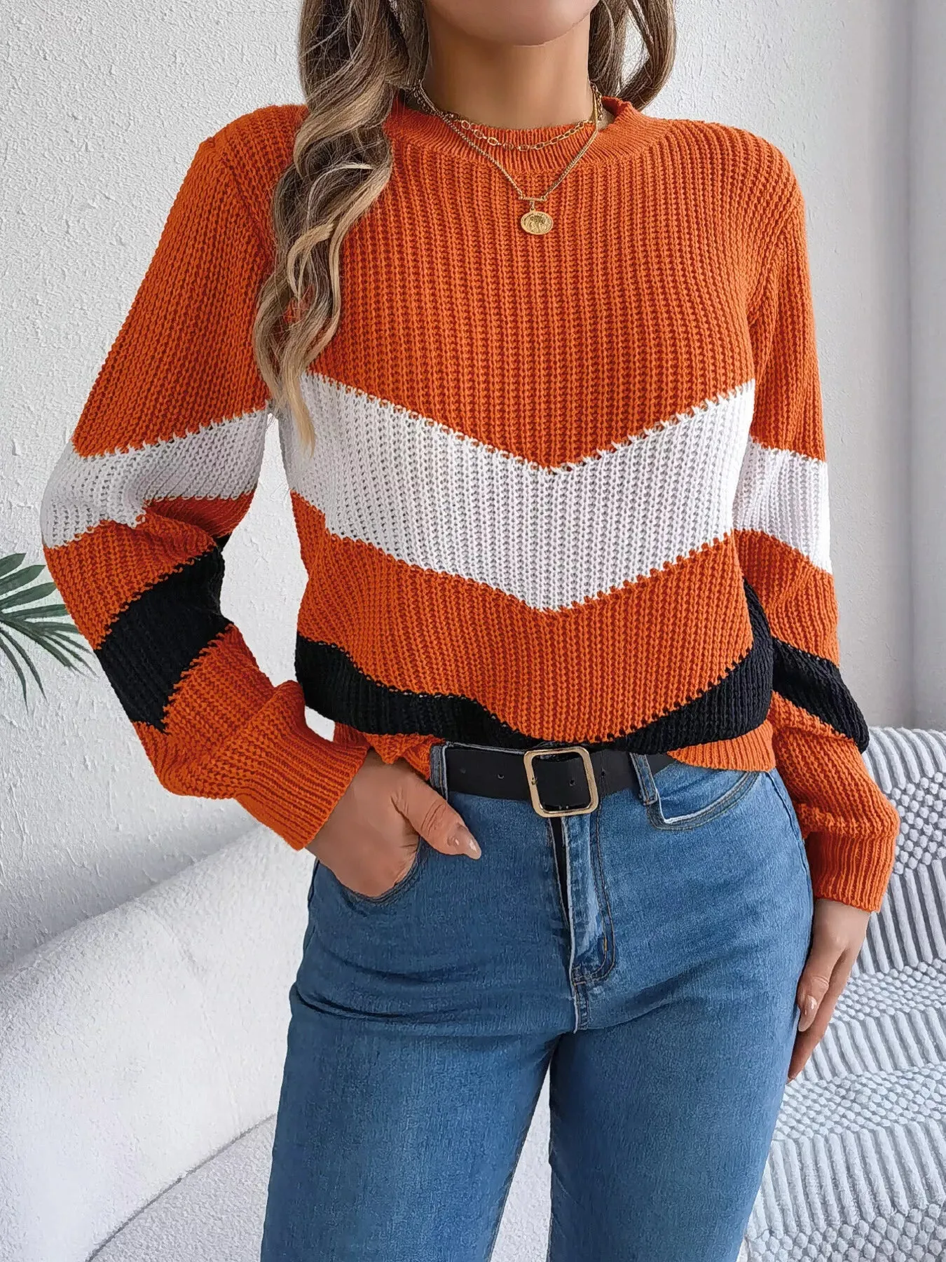 Chevron Stripe Color Block Round Neck Sweater sold by Unique Kulture product image thumbnail 4