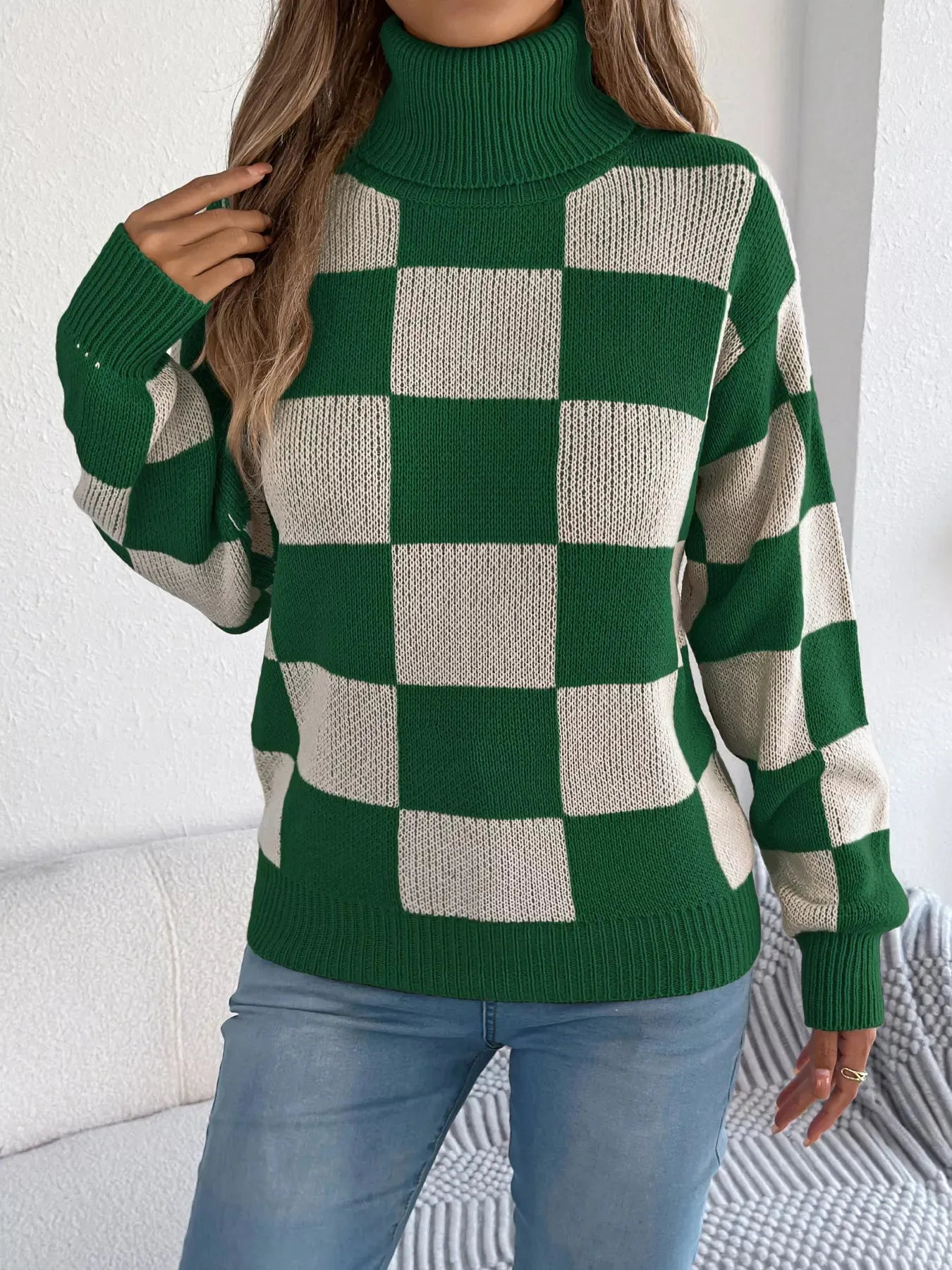 Checkered Turtleneck Long Sleeve Sweater sold by Unique Kulture product image thumbnail 2