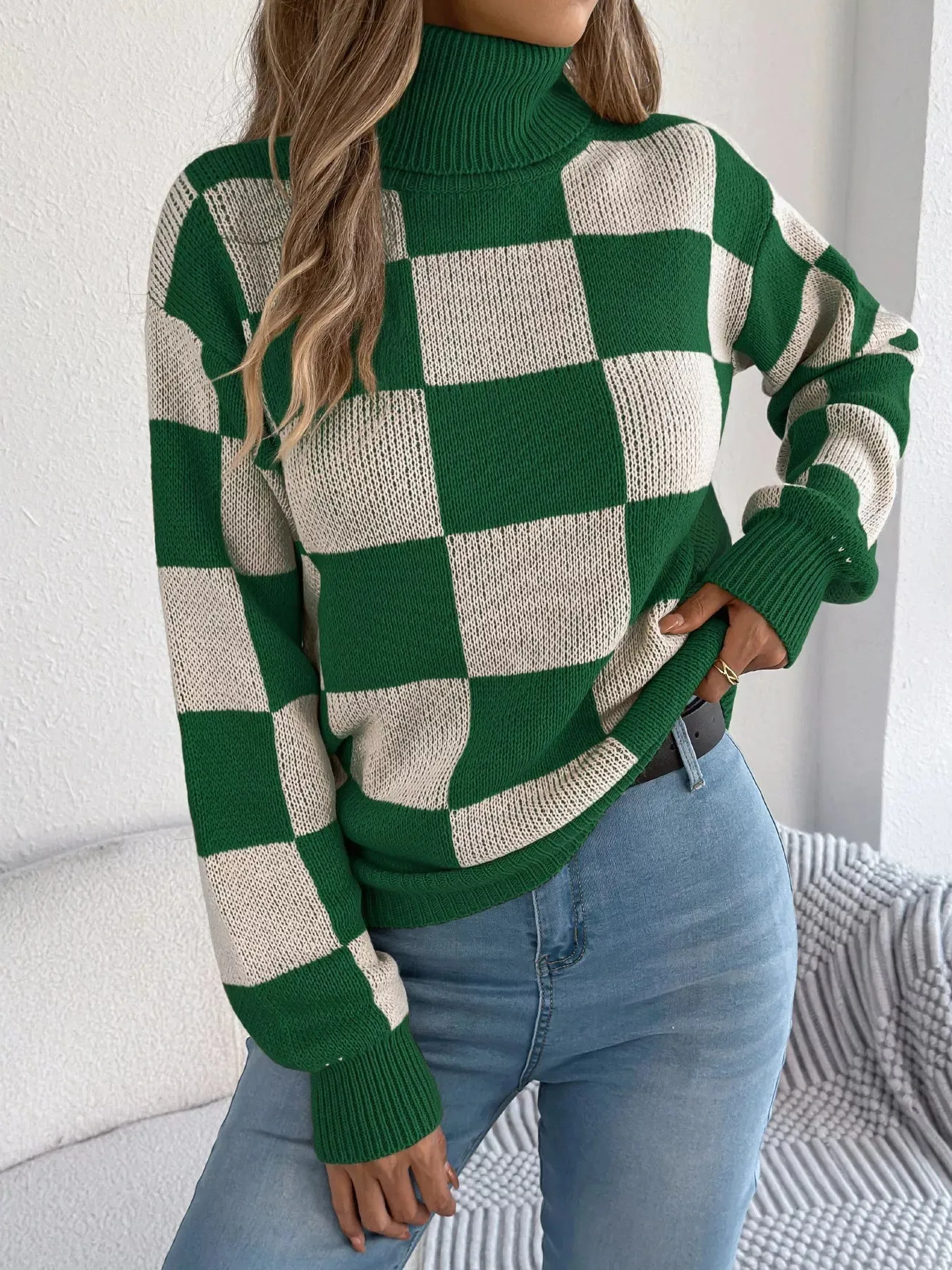 Checkered Turtleneck Long Sleeve Sweater sold by Unique Kulture