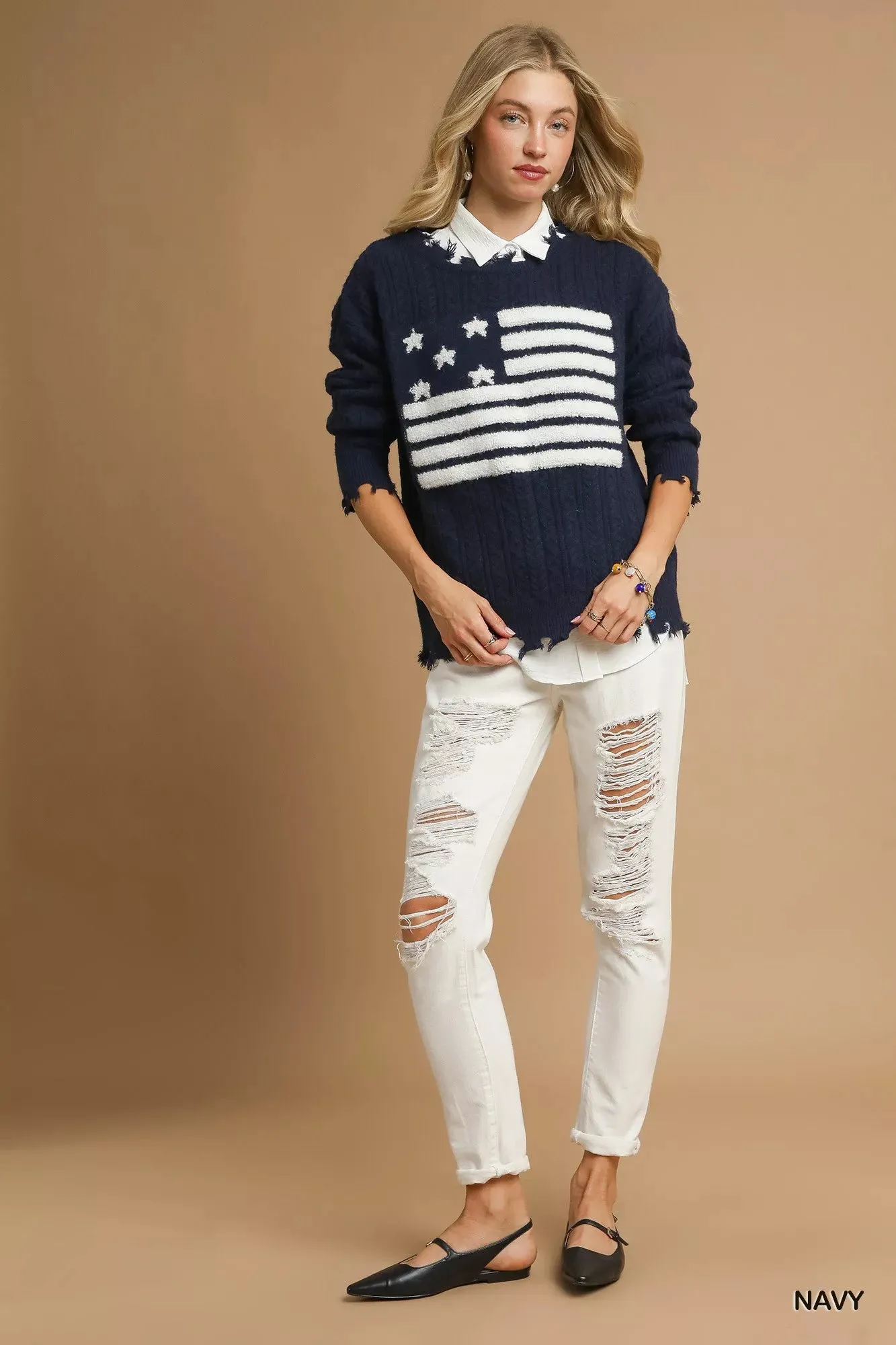 Umgee Distressed American Flag Sweater sold by Unique Kulture product image thumbnail 3