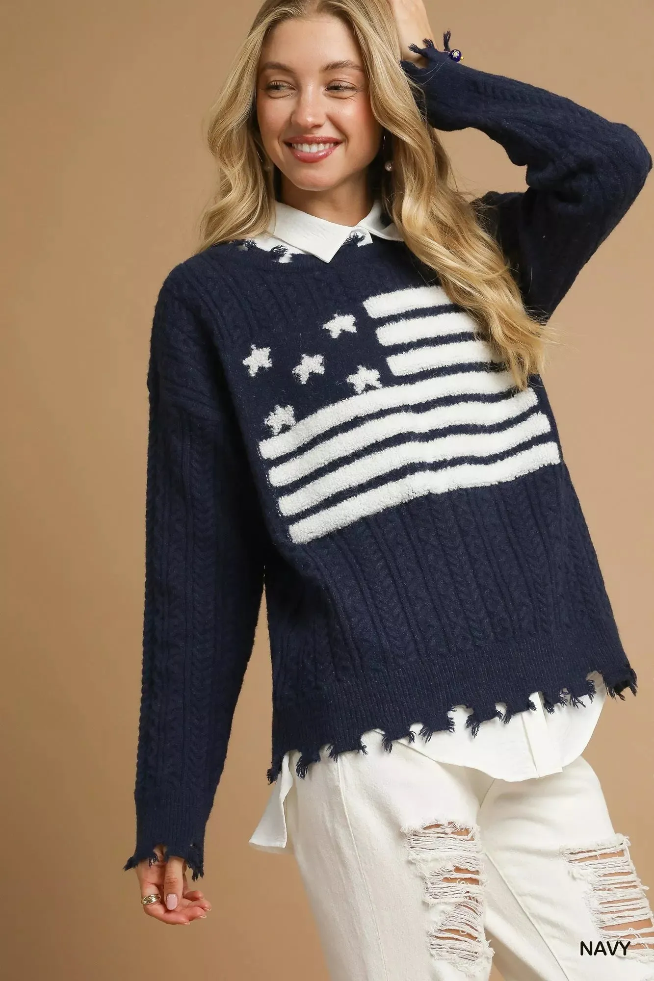 Umgee Distressed American Flag Sweater sold by Unique Kulture product image thumbnail 4
