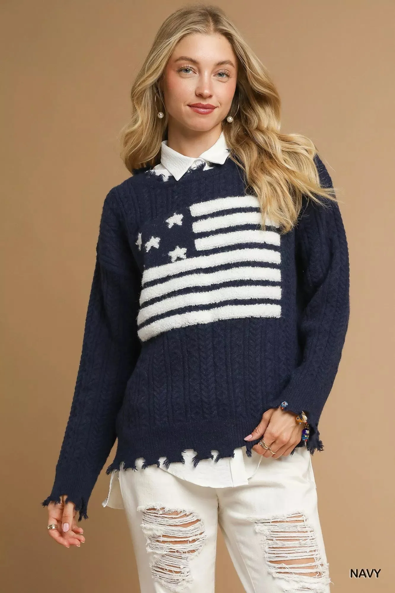 Umgee Distressed American Flag Sweater sold by Unique Kulture