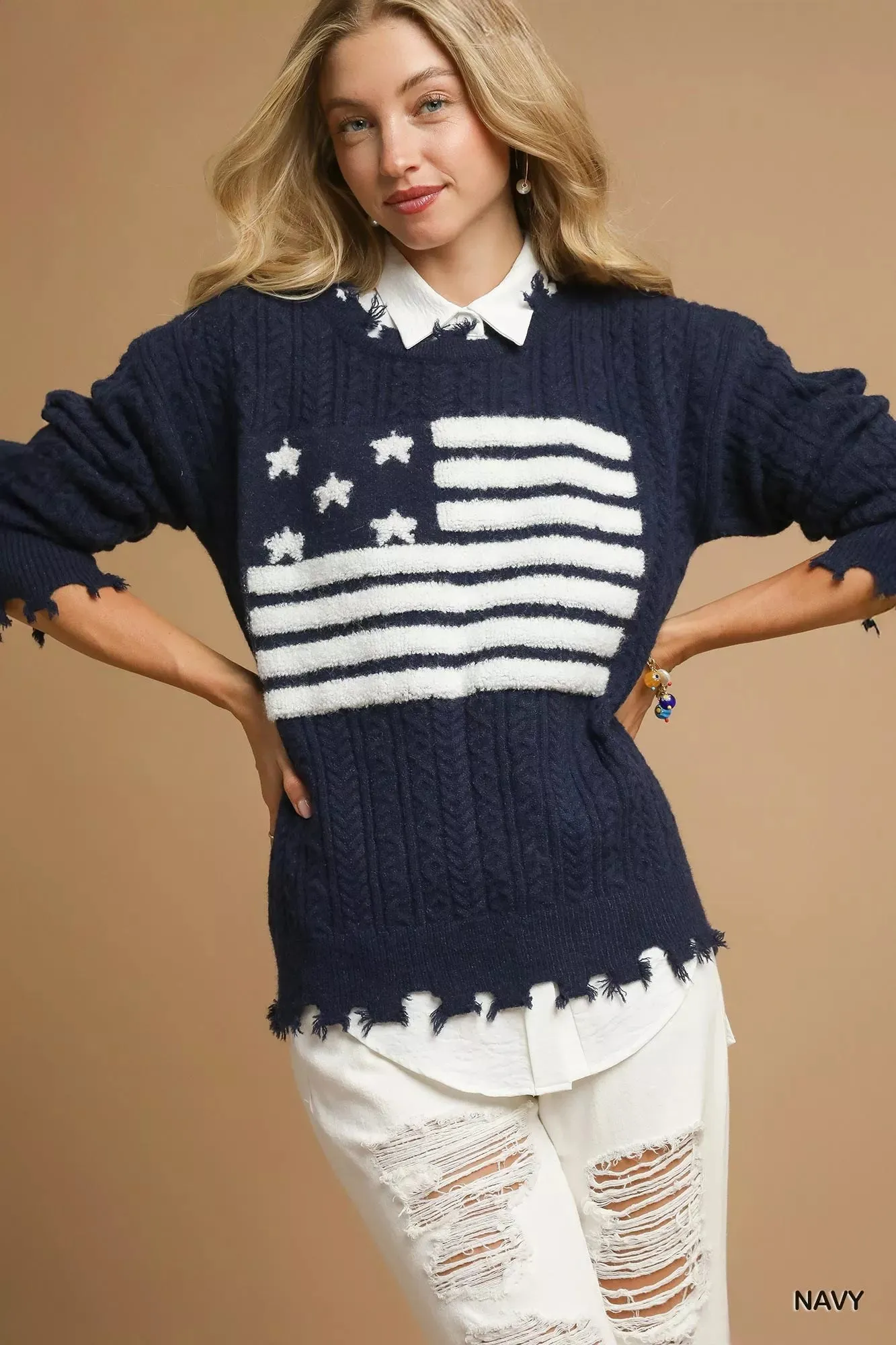 Umgee Distressed American Flag Sweater sold by Unique Kulture product image thumbnail 2