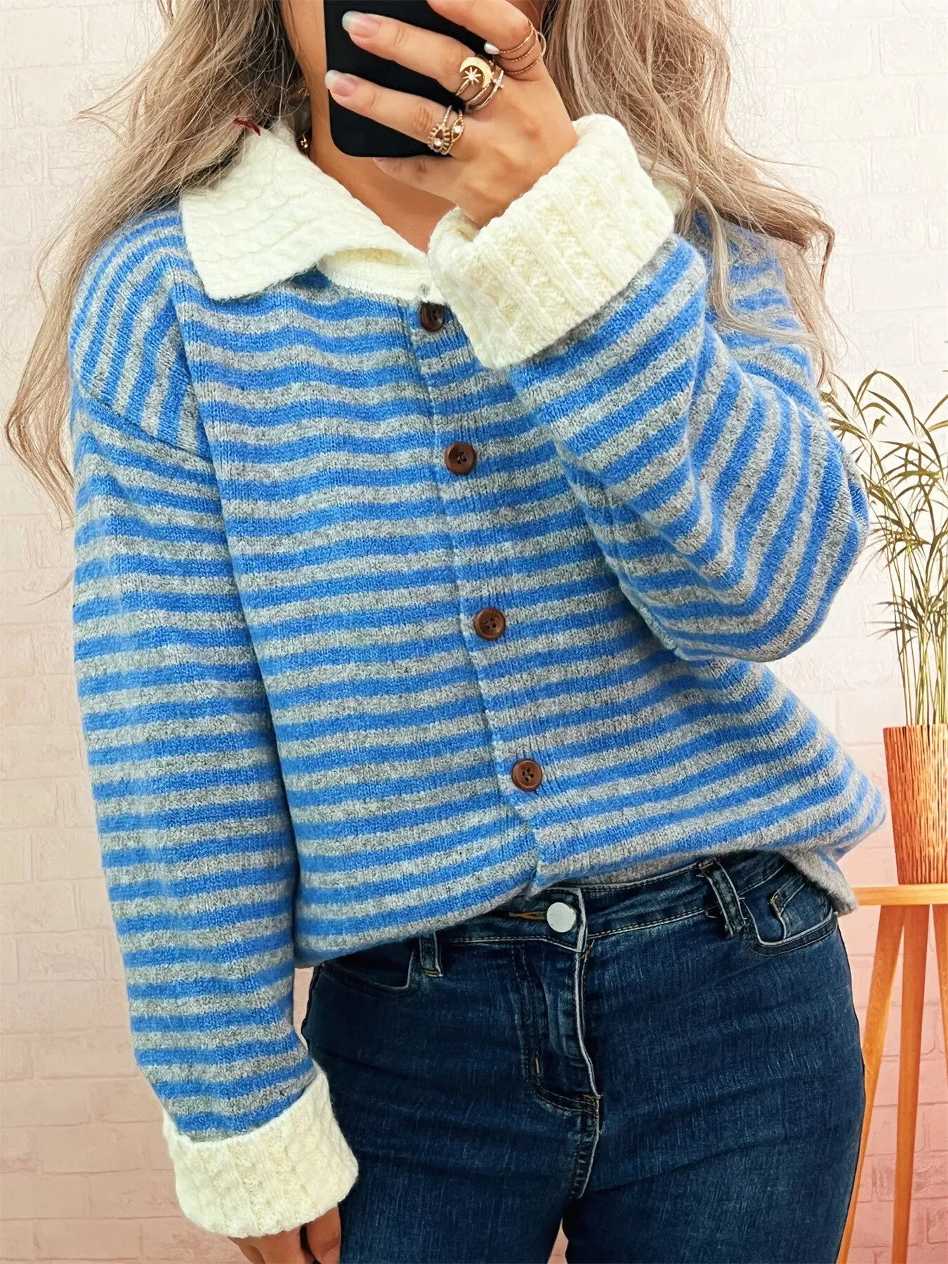 Striped Knit Button Down Cardigan with Collar sold by Unique Kulture product image thumbnail 2
