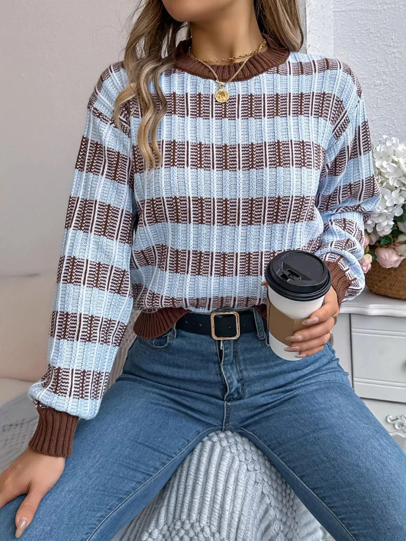 Striped Round Neck Long Sleeve Sweater sold by Unique Kulture product image thumbnail 2