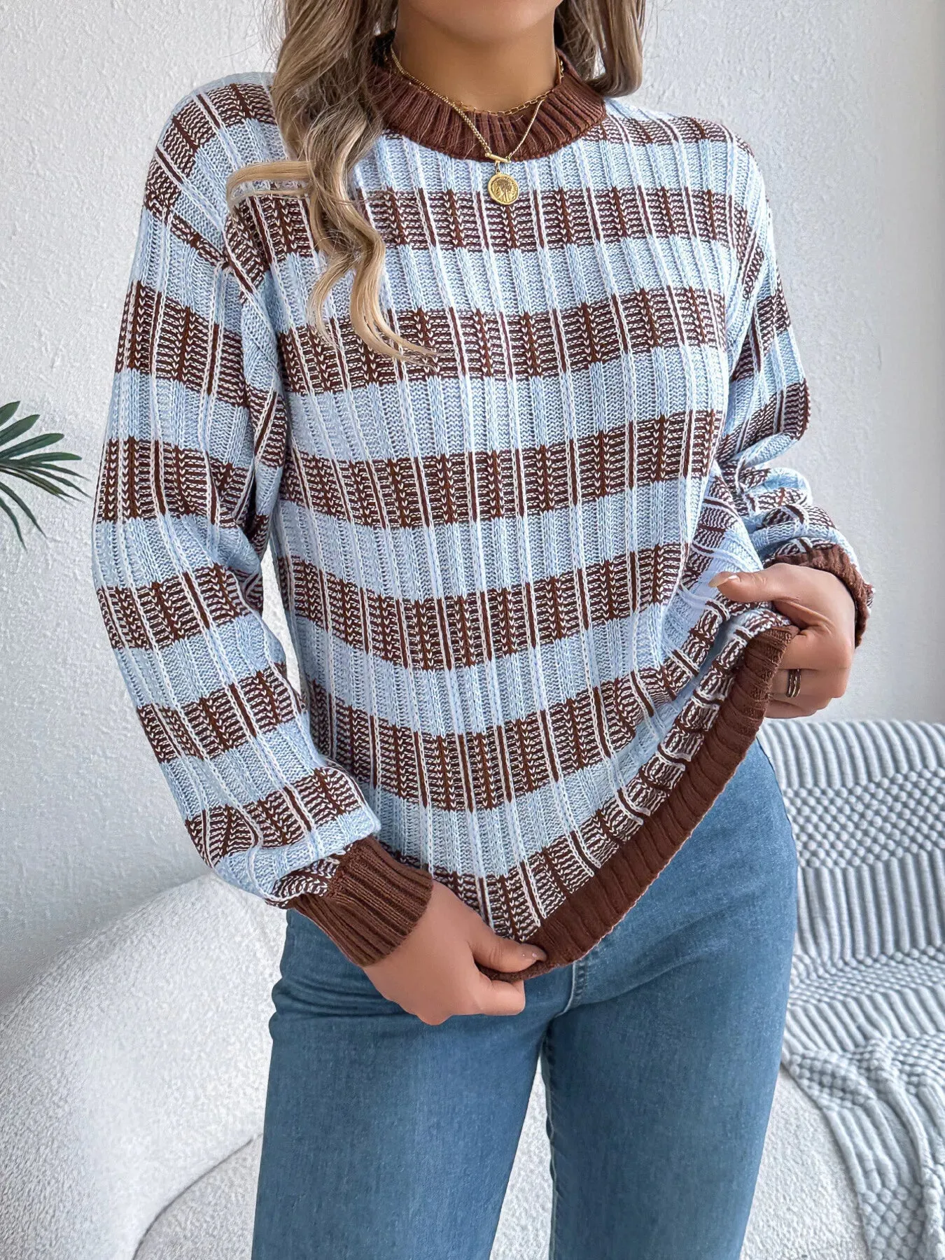 Striped Round Neck Long Sleeve Sweater sold by Unique Kulture