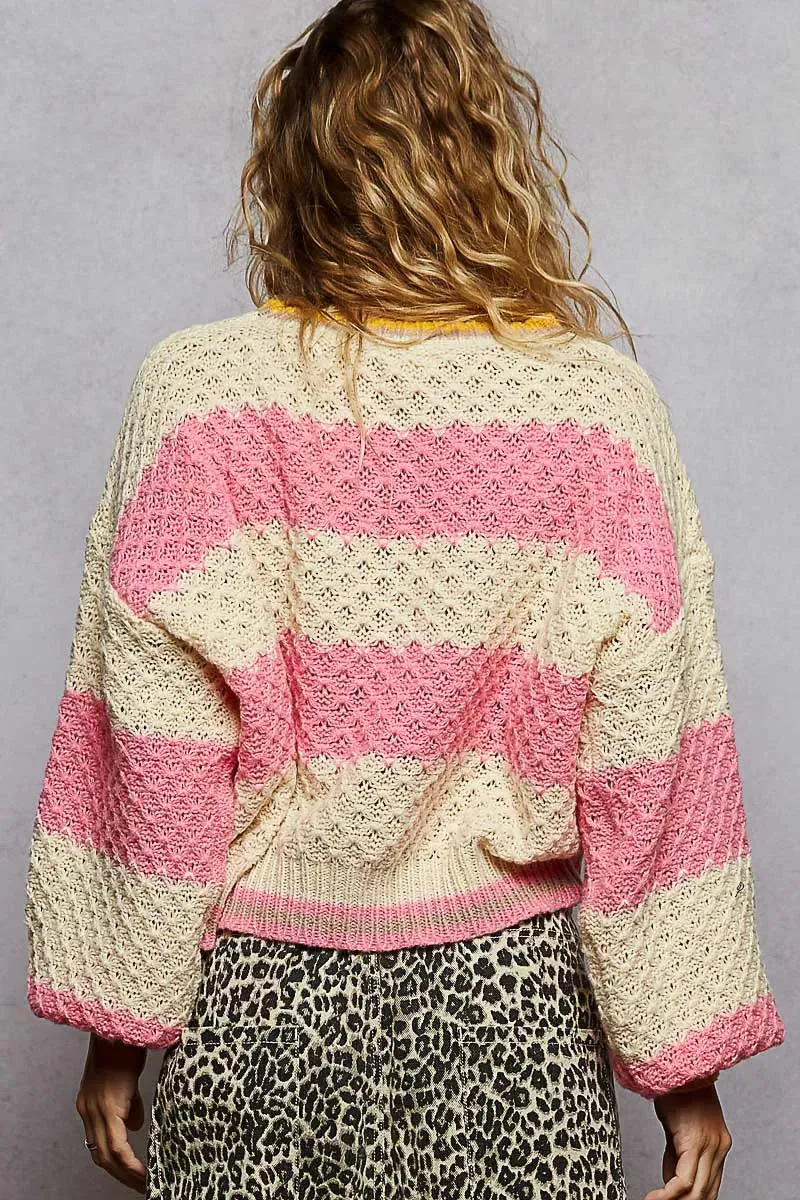 POL Contrast Striped Round Neck Sweater with Textured Cable Knit Pattern sold by Unique Kulture product image thumbnail 5